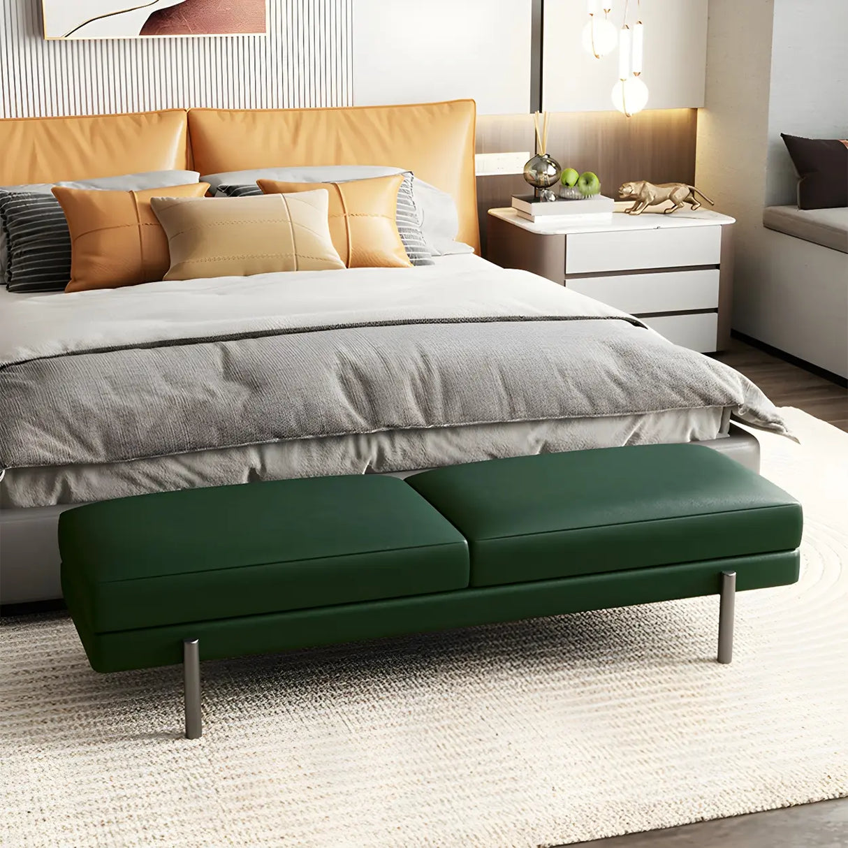 Orange Upholstered Short Bedroom Bench with Legs Image - 3