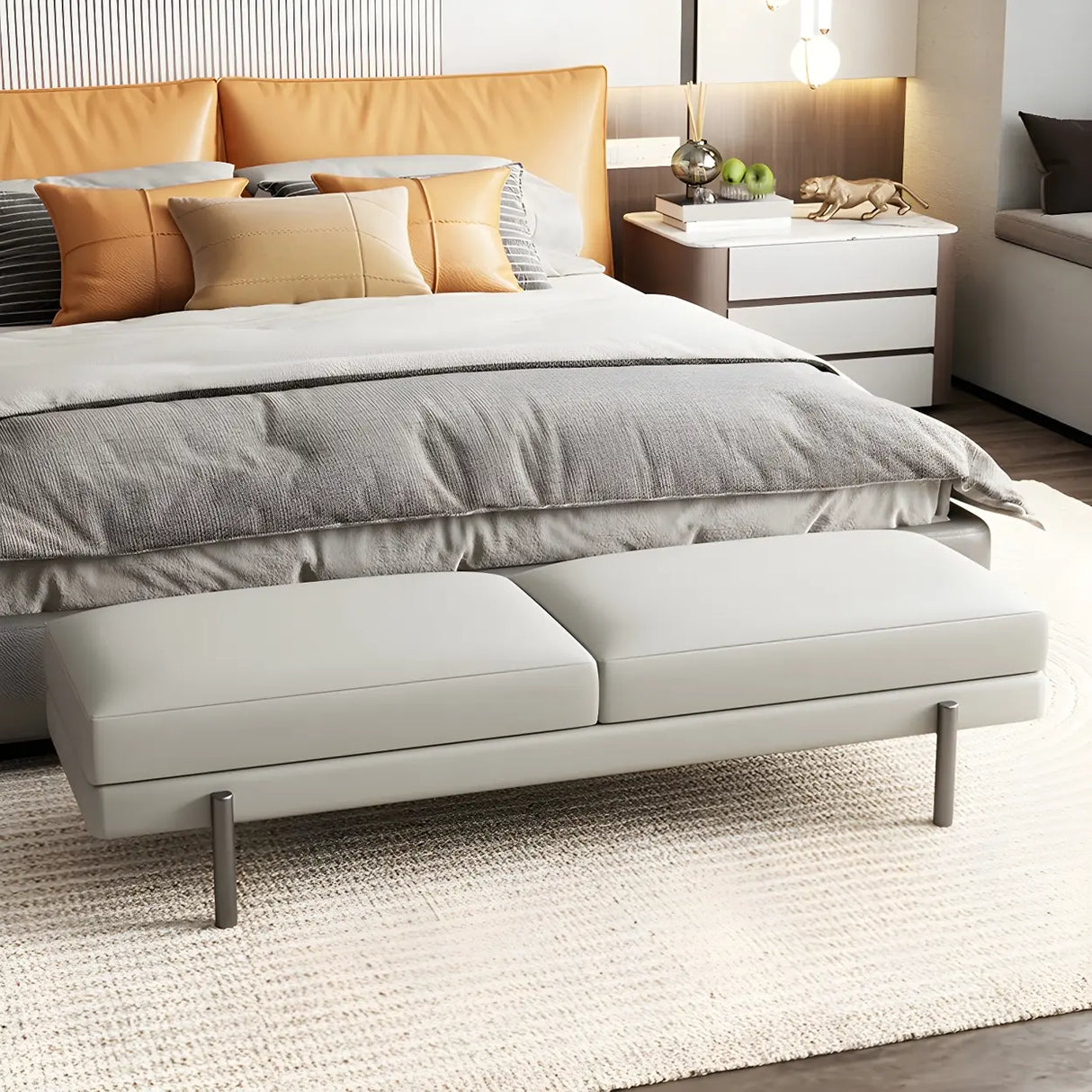 Orange Upholstered Short Bedroom Bench with Legs Image - 4