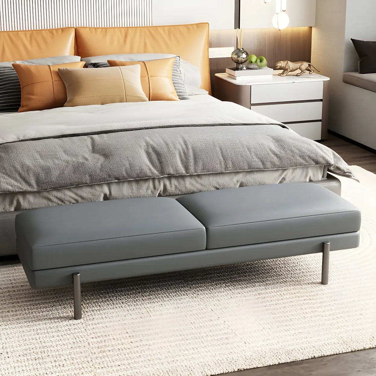 Orange Upholstered Short Bedroom Bench with Legs Image - 5