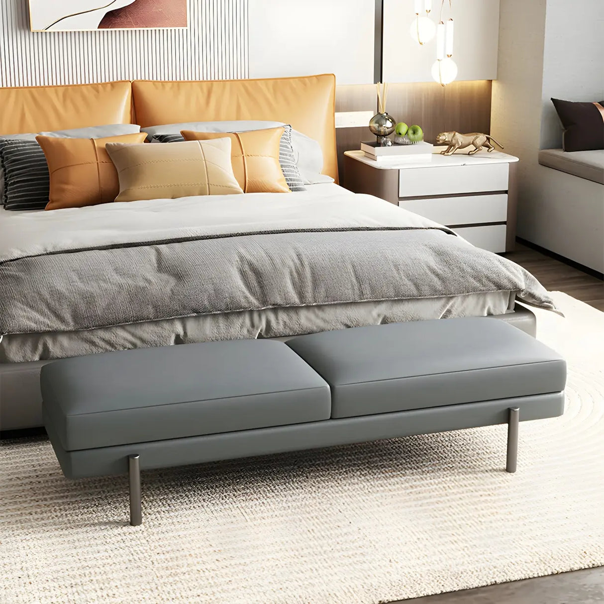 Orange Upholstered Short Bedroom Bench with Legs Image - 6