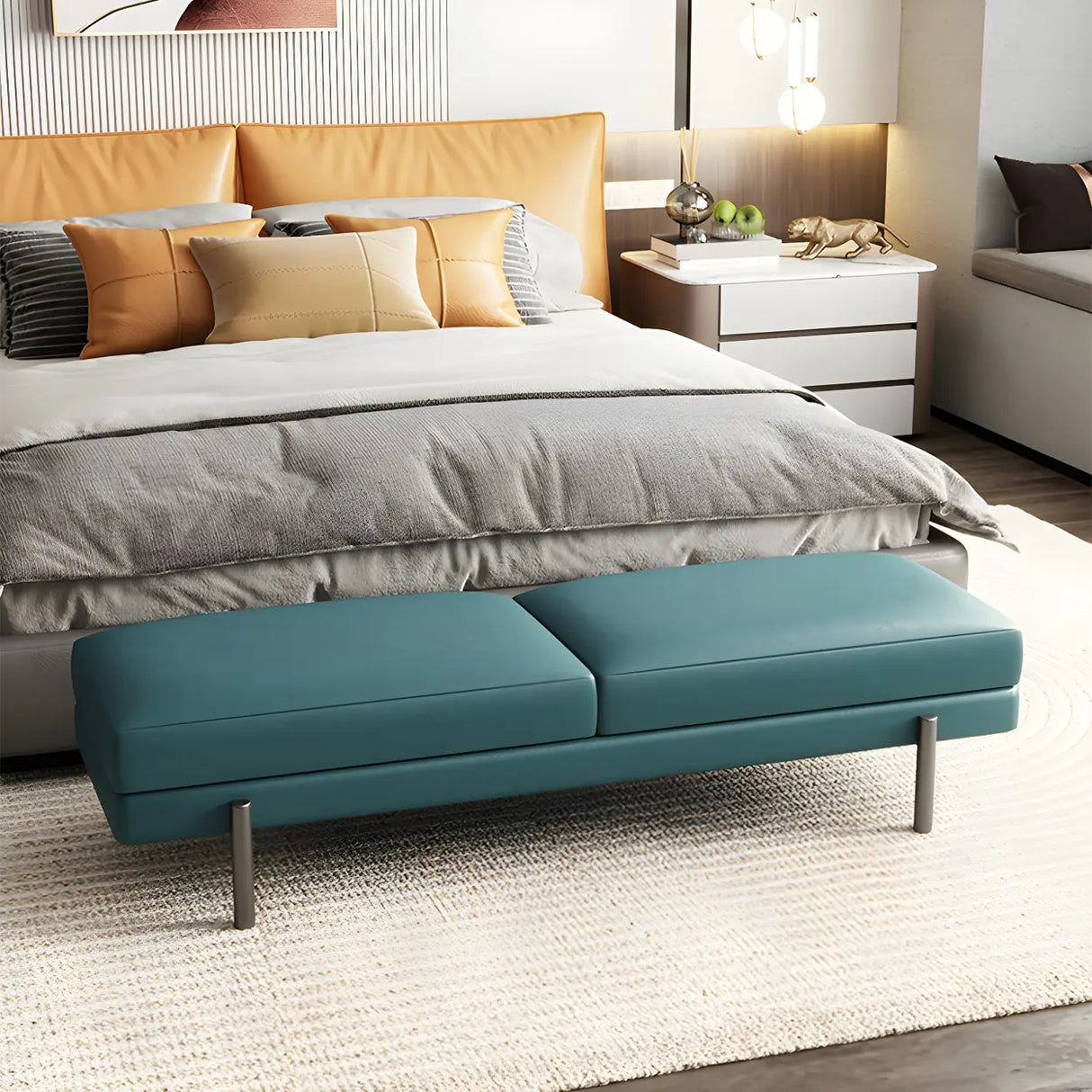 Orange Upholstered Short Bedroom Bench with Legs Image - 8