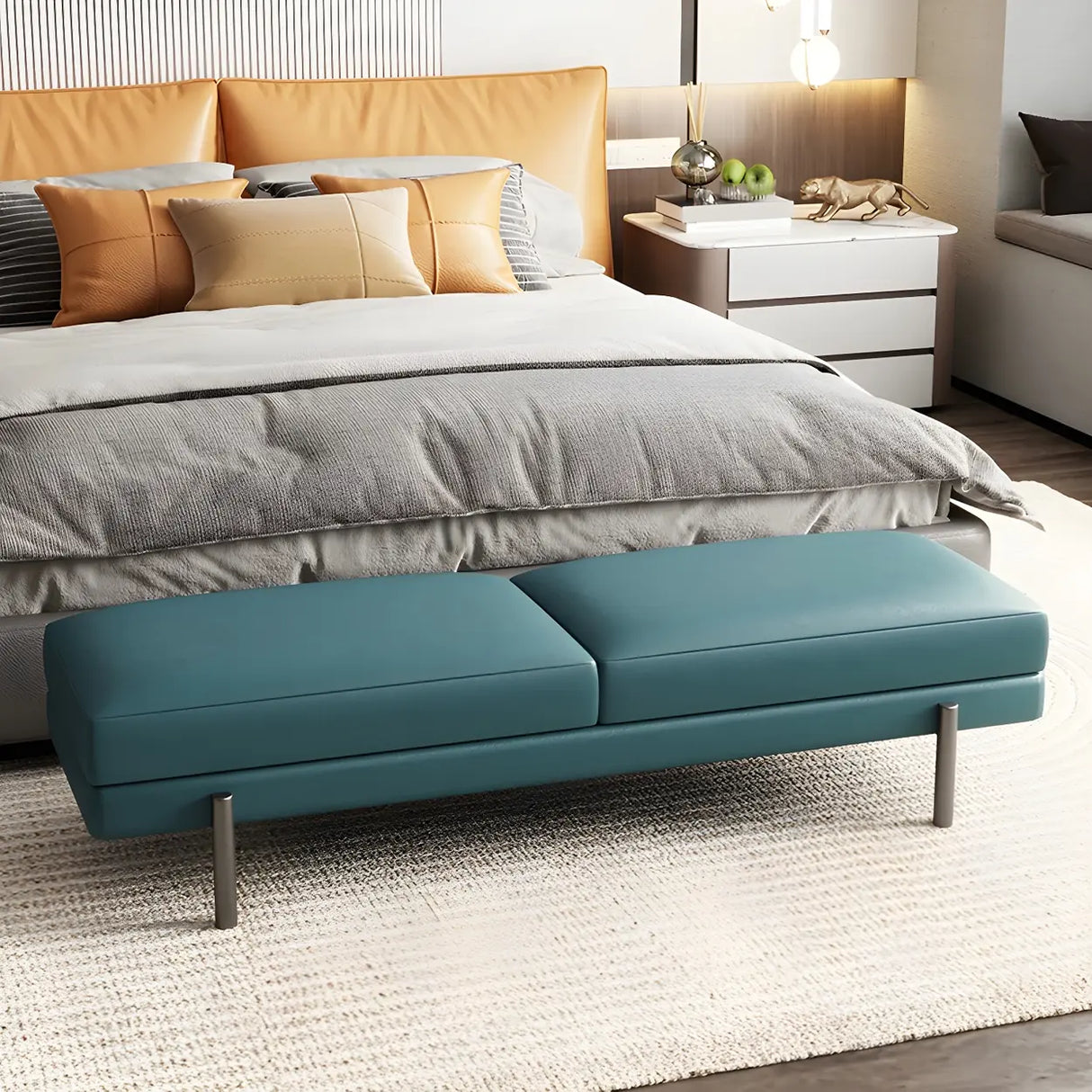 Orange Upholstered Short Bedroom Bench with Legs Image - 9