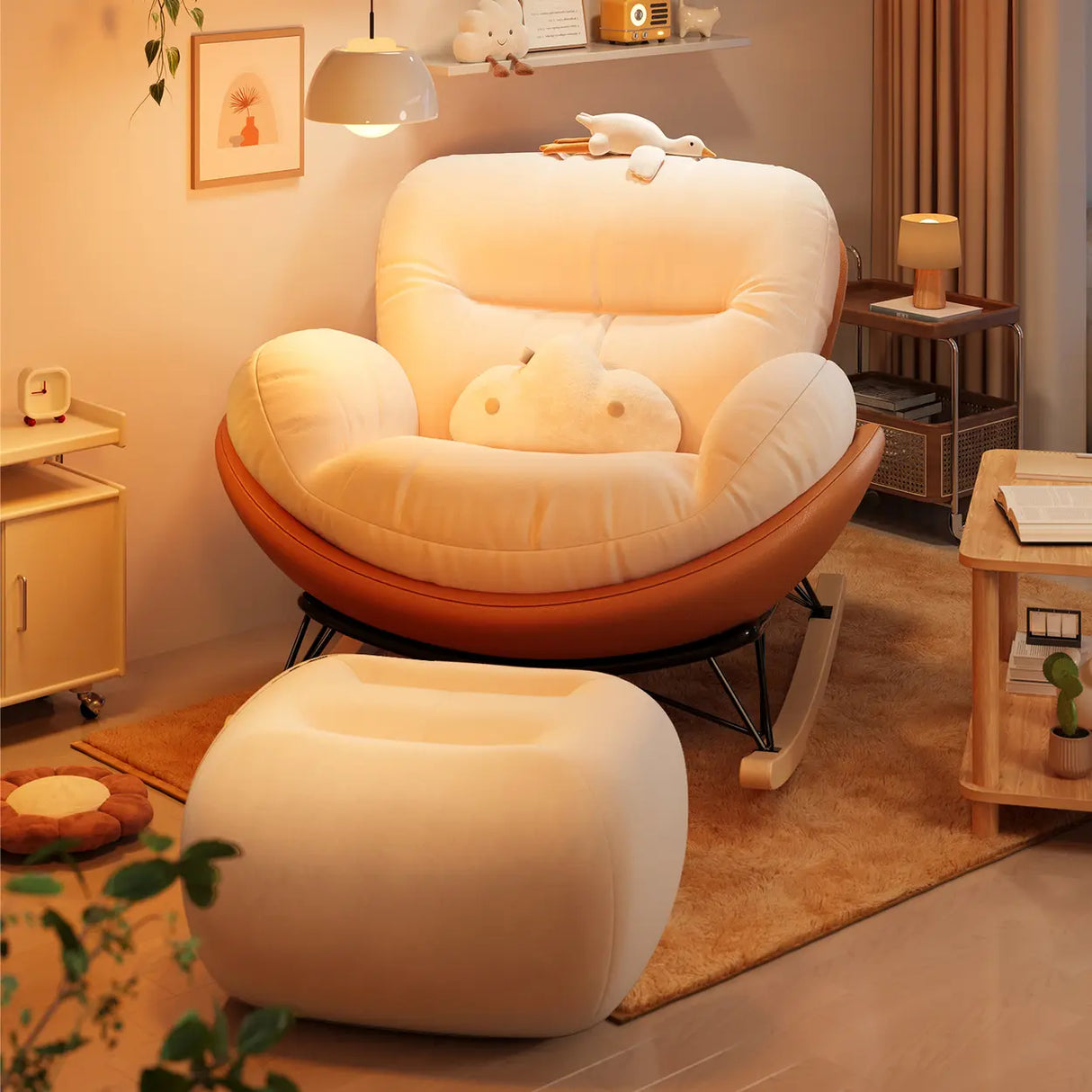 Orange Upholstered Wood Leg Small Height Rocking Chair Image - 1