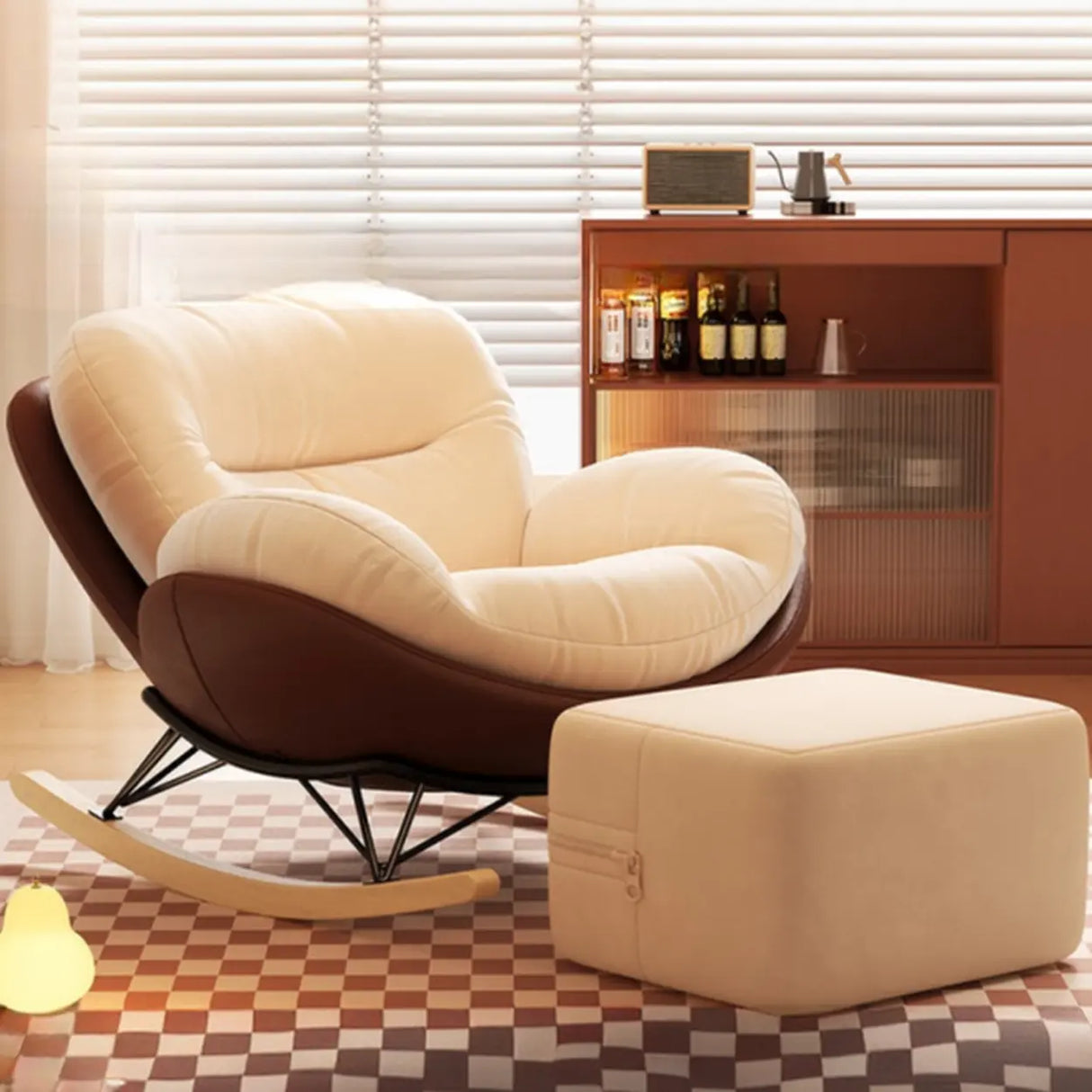 Orange Upholstered Wood Leg Small Height Rocking Chair Image - 11