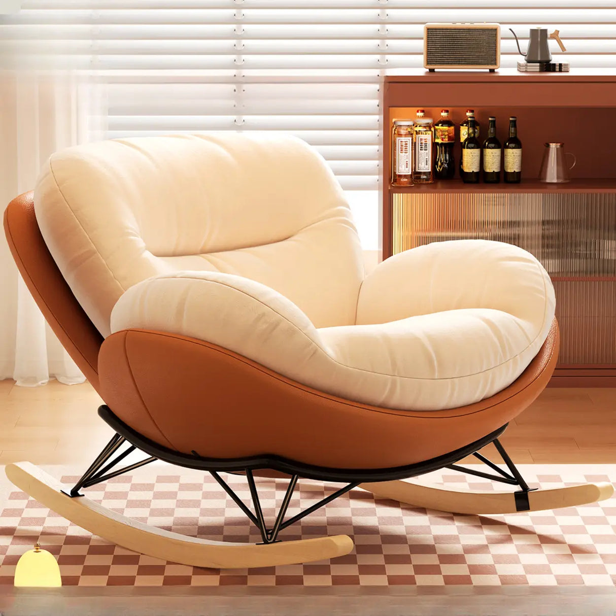 Orange Upholstered Wood Leg Small Height Rocking Chair Image - 5