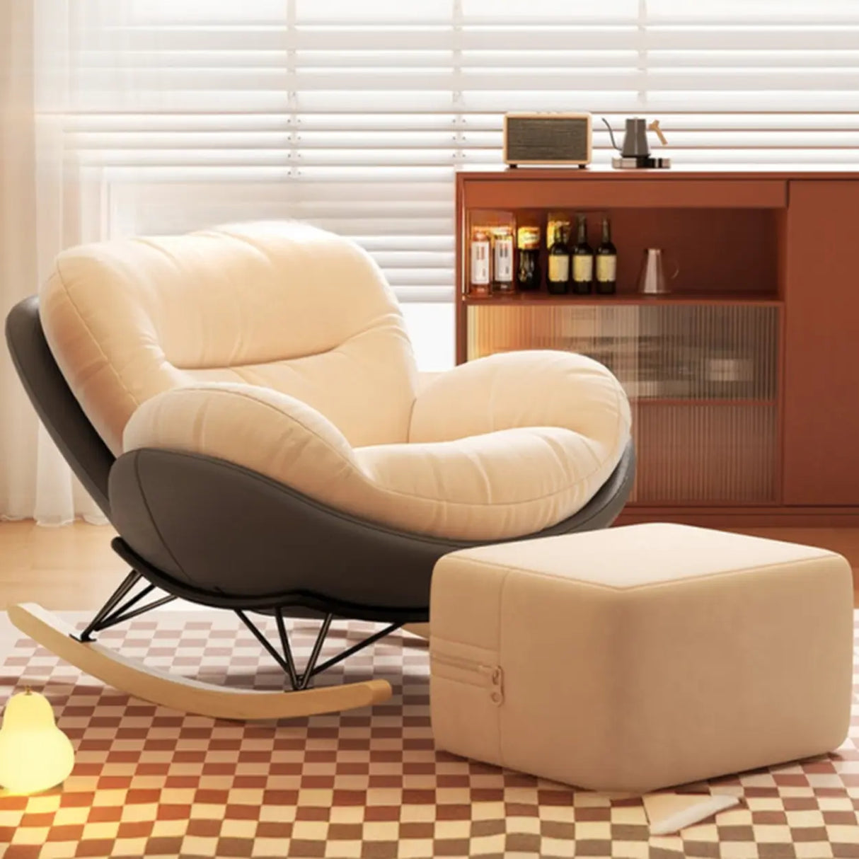 Orange Upholstered Wood Leg Small Height Rocking Chair Image - 7