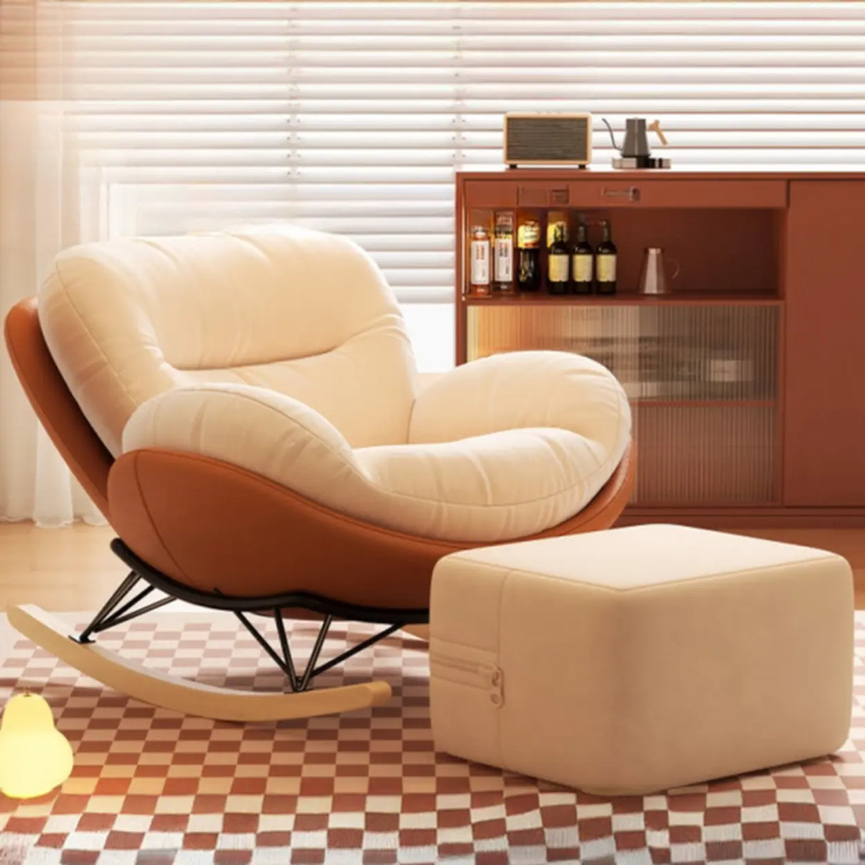 Orange Upholstered Wood Leg Small Height Rocking Chair Image - 9