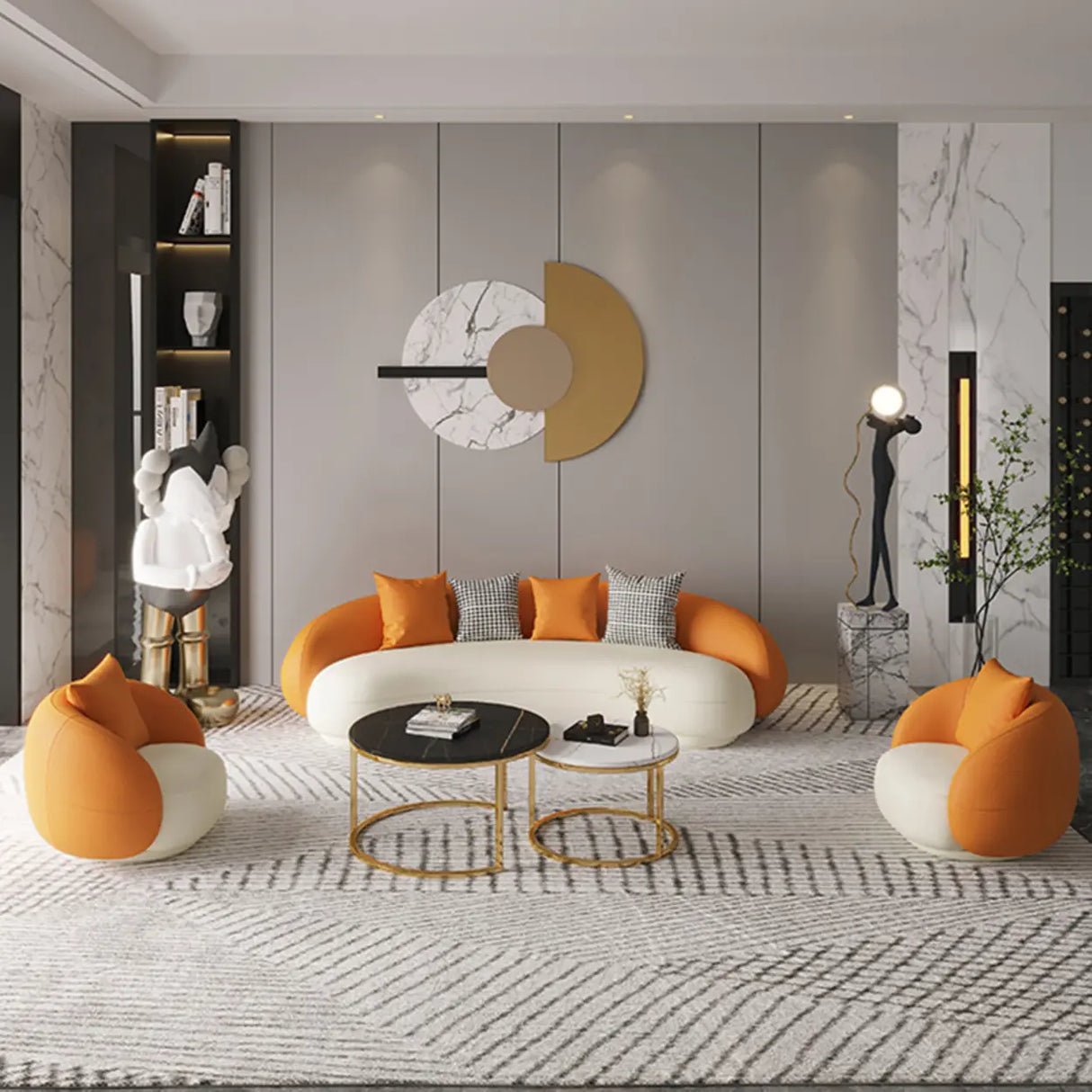 Orange-White Leather Sloped Arms Tight Back Curved Sofa Image - 2