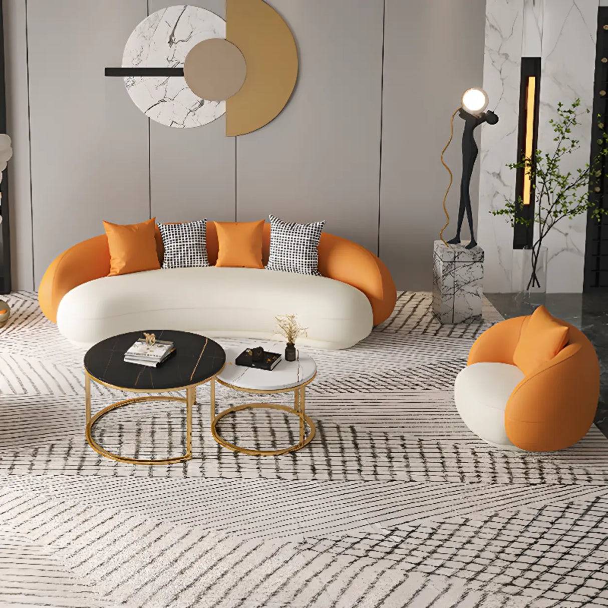 Orange-White Leather Sloped Arms Tight Back Curved Sofa Image - 4