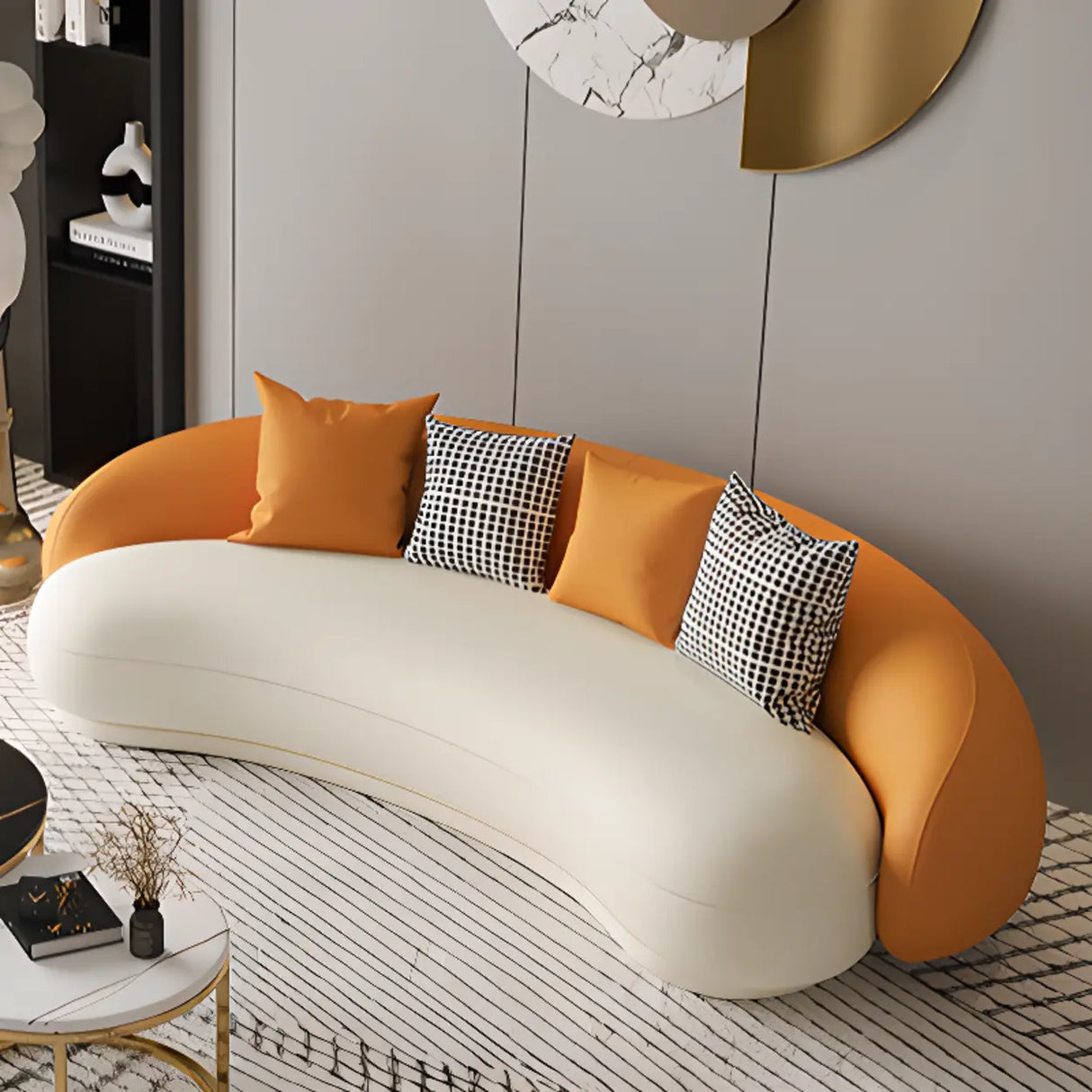 Orange-White Leather Sloped Arms Tight Back Curved Sofa Image - 7