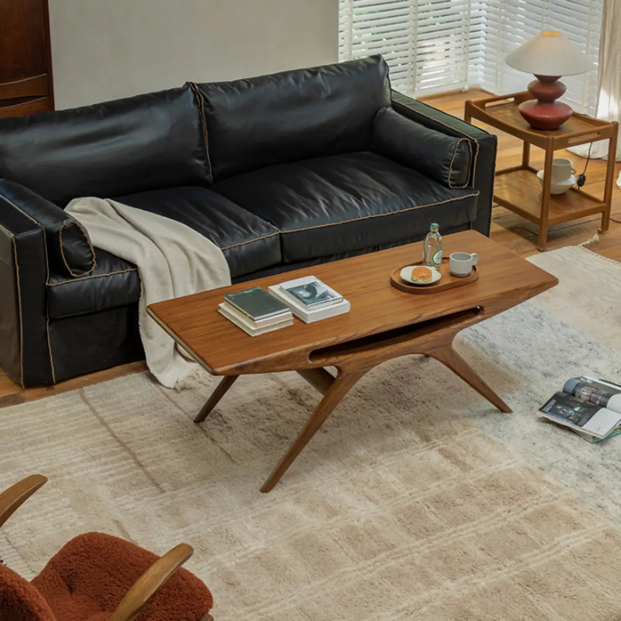 Organic Solid Teak Wood Rectangular Coffee Table with Shelf Image - 4