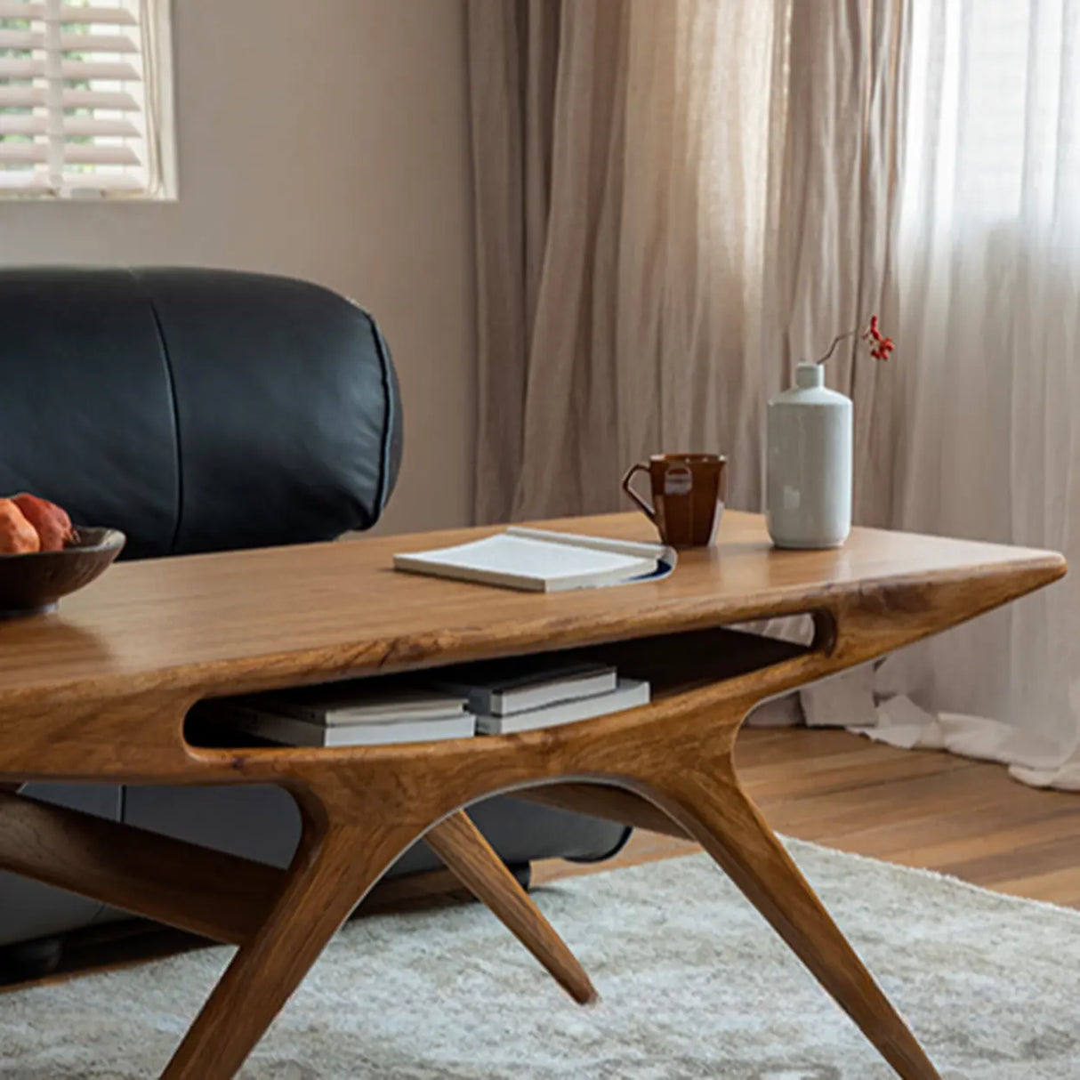 Organic Solid Teak Wood Rectangular Coffee Table with Shelf Image - 6