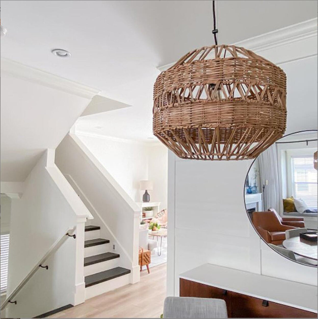 Oriental Drum Rattan Wood Living Room Pendant Light Image - 4