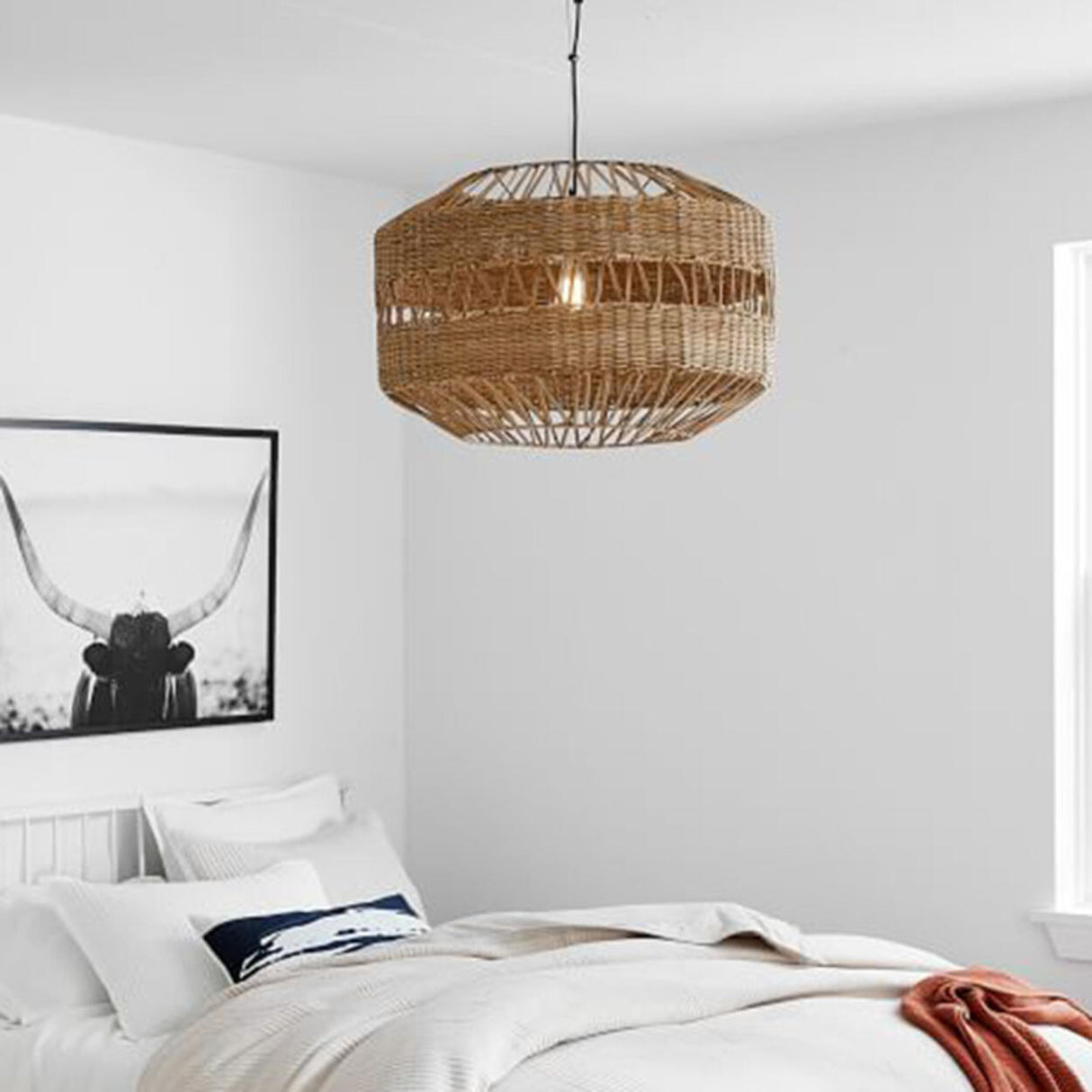 Oriental Drum Rattan Wood Living Room Pendant Light Image - 5