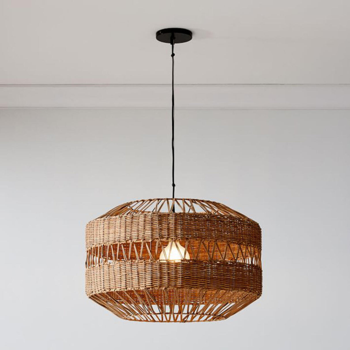 Oriental Drum Rattan Wood Living Room Pendant Light Image - 6