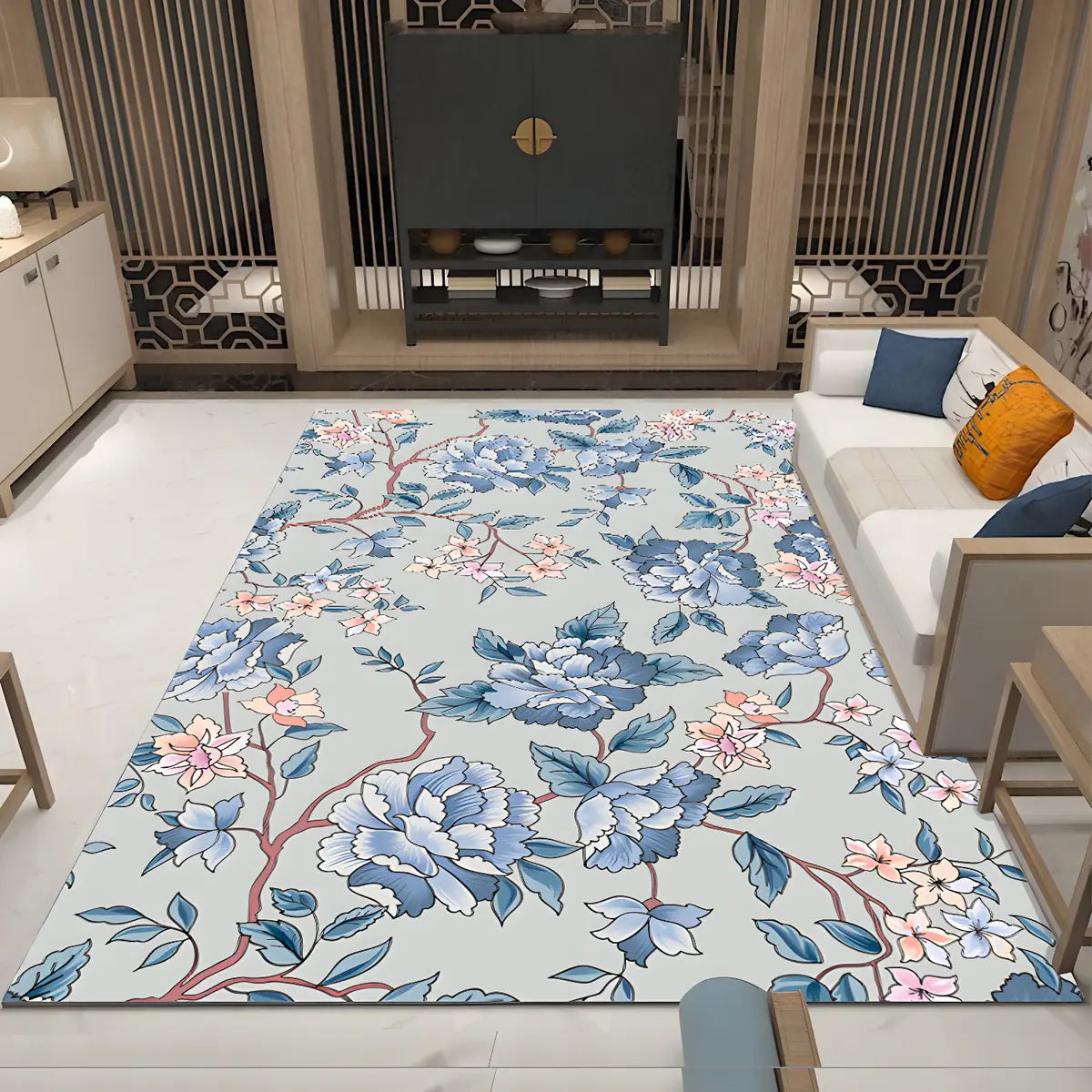 Oriental Floral Pattern Polyester Blue Area Rug Image - 1