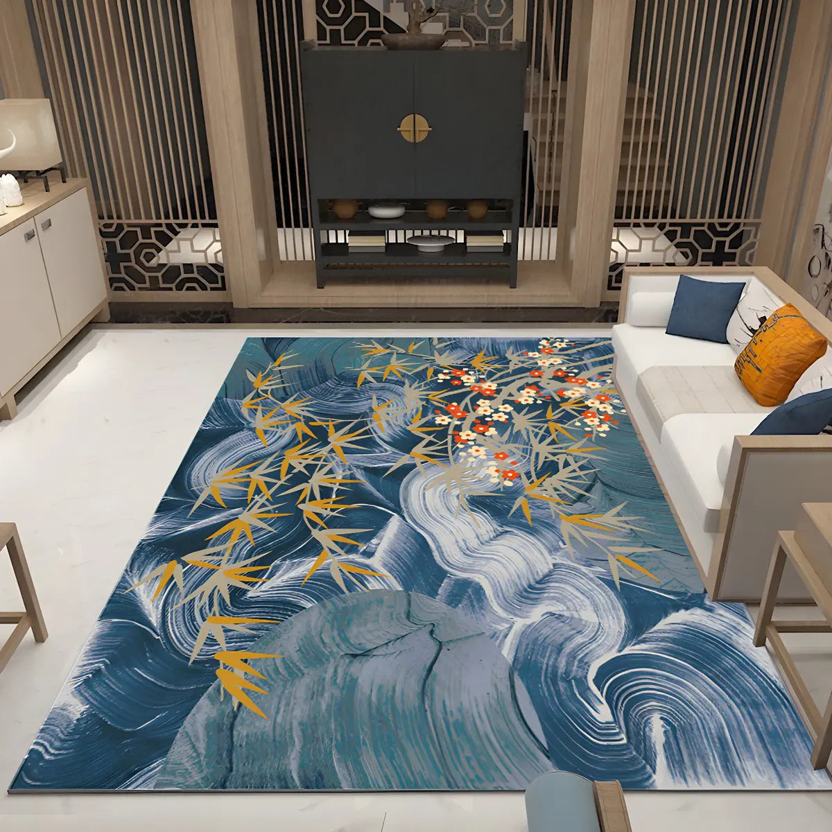 Oriental Floral Pattern Polyester Blue Area Rug Image - 12