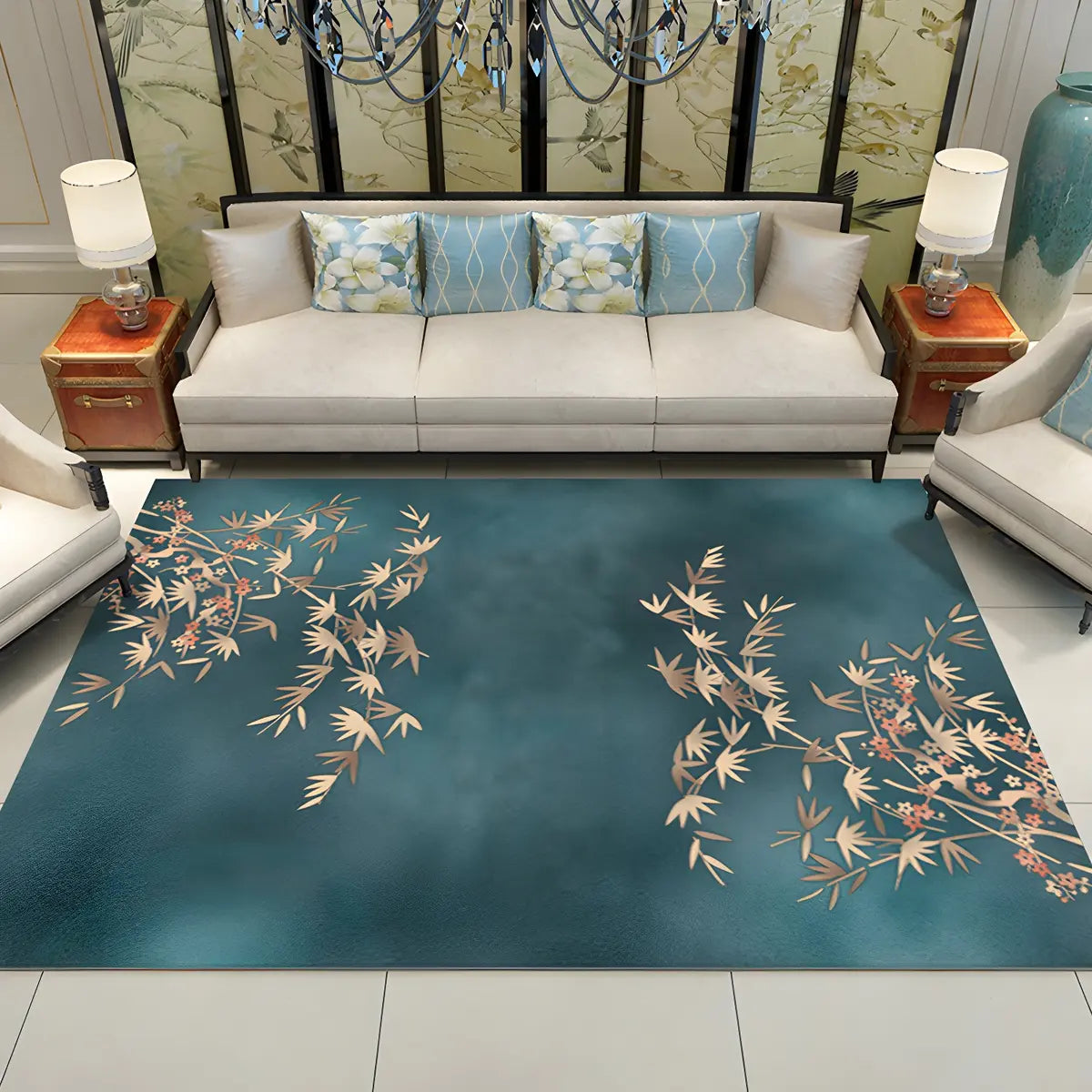 Oriental Floral Pattern Polyester Blue Area Rug Image - 13