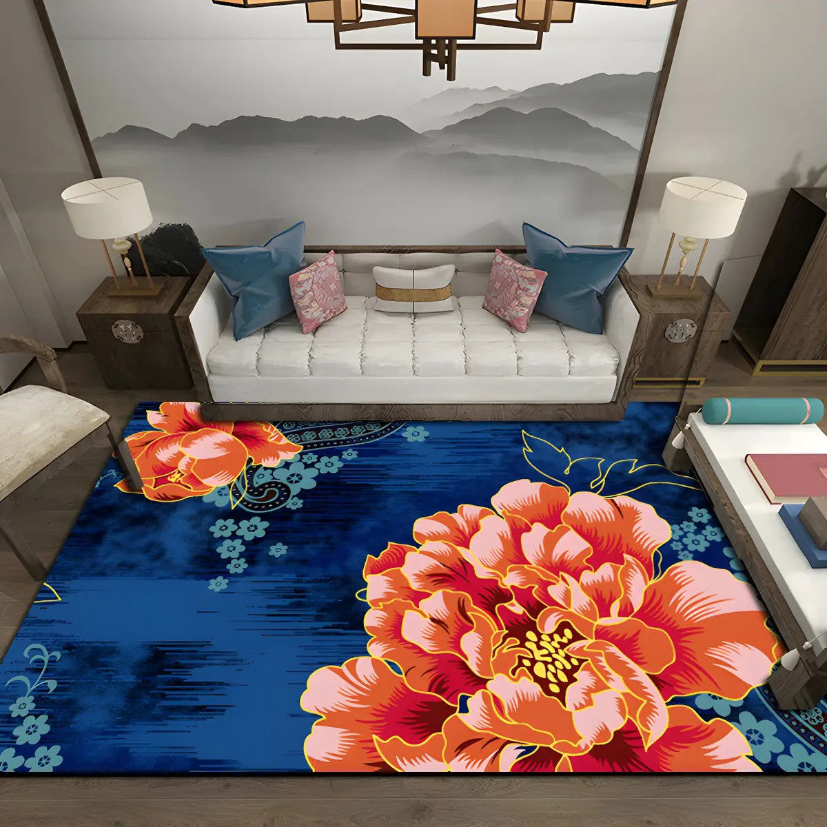 Oriental Floral Pattern Polyester Blue Area Rug Image - 15