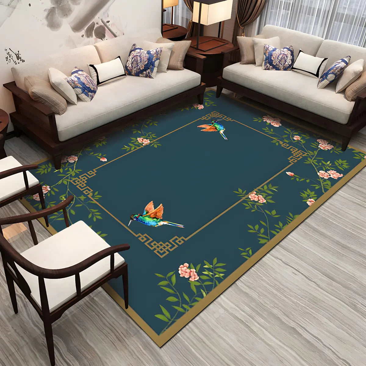 Oriental Floral Pattern Polyester Blue Area Rug Image - 17