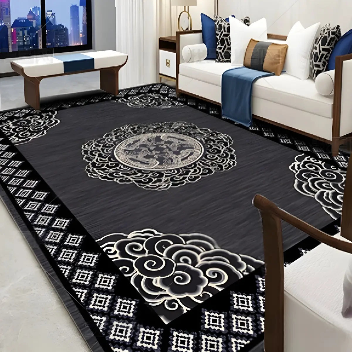 Oriental Floral Pattern Polyester Blue Area Rug Image - 2