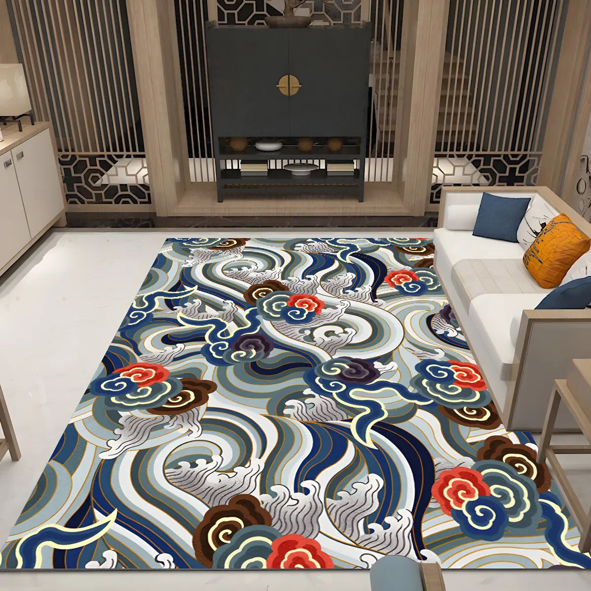 Oriental Floral Pattern Polyester Blue Area Rug Image - 20