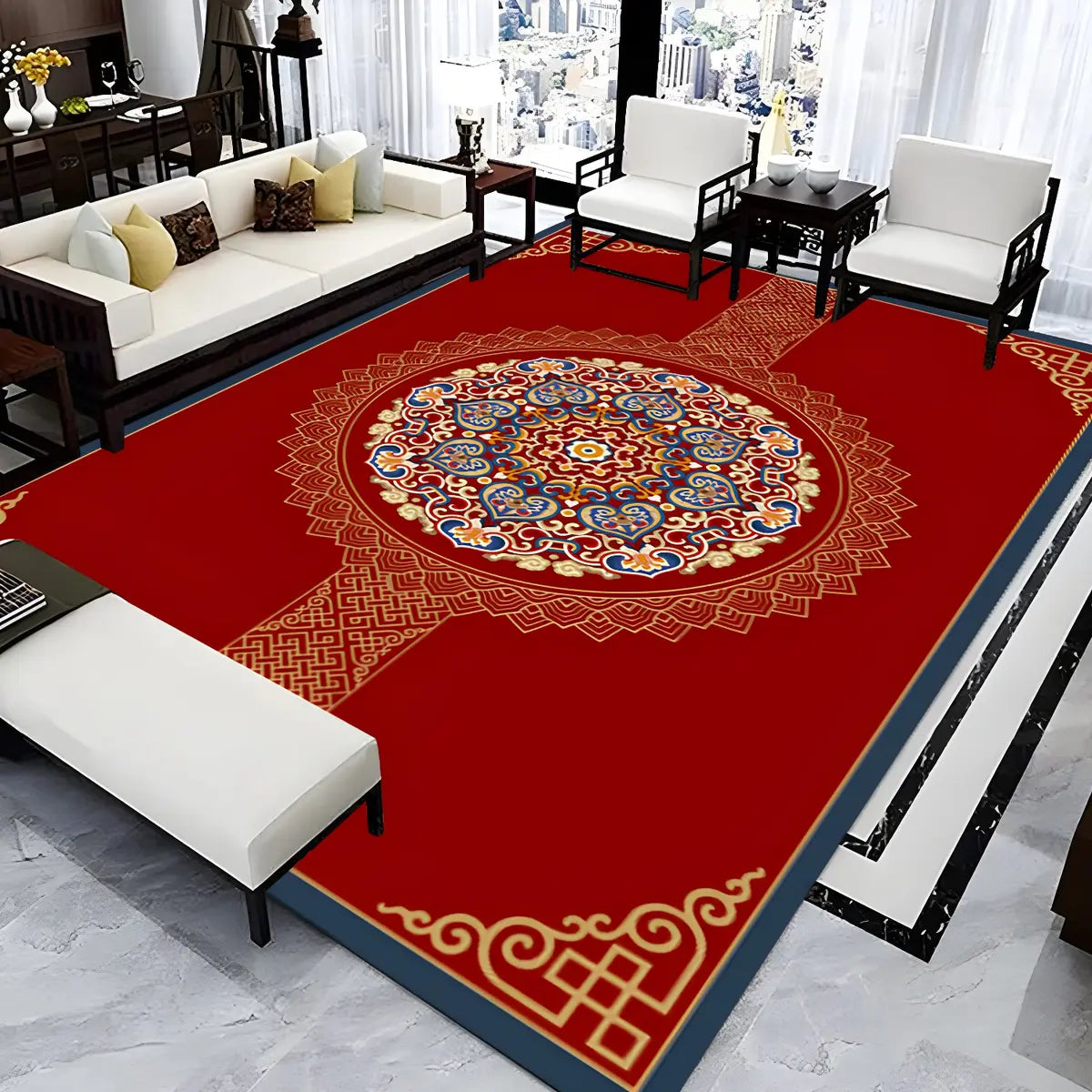 Oriental Floral Pattern Polyester Blue Area Rug Image - 21