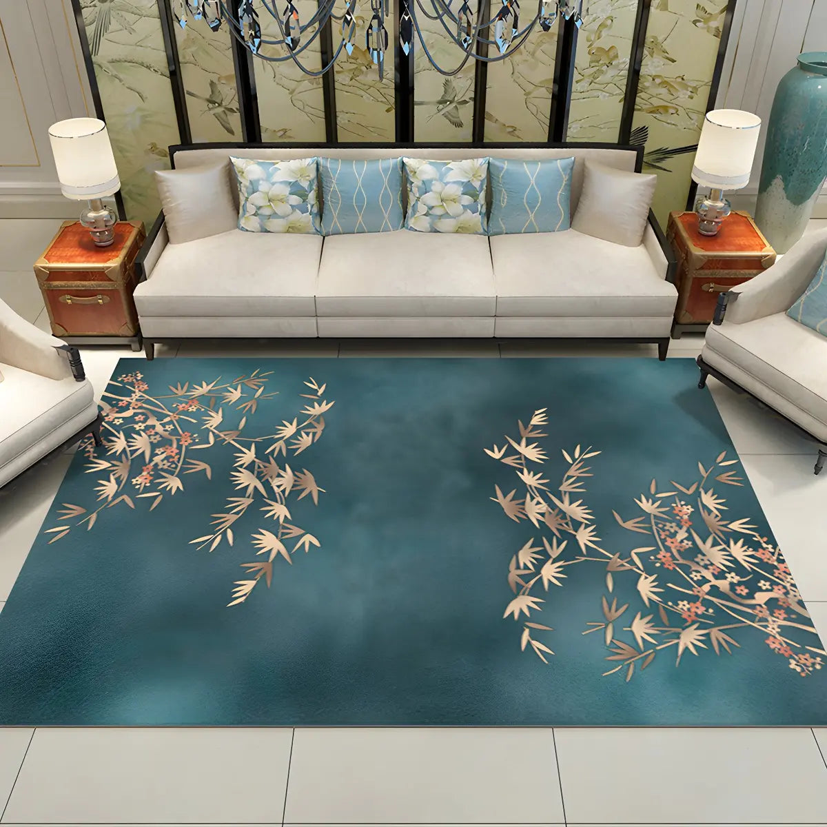 Oriental Floral Pattern Polyester Blue Area Rug Image - 22