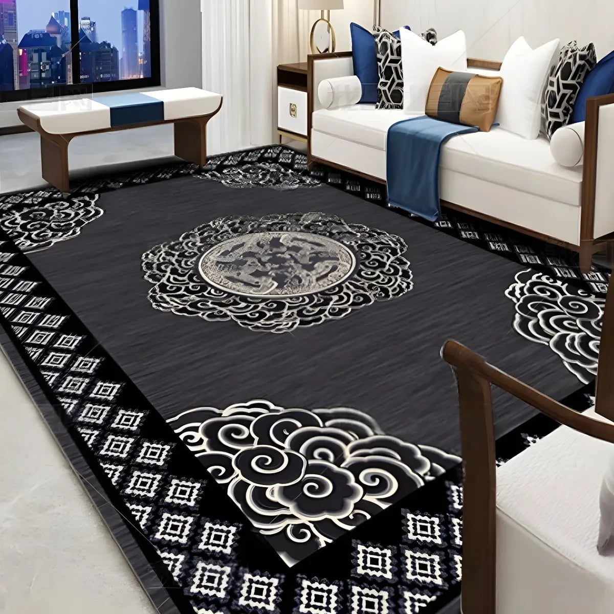 Oriental Floral Pattern Polyester Blue Area Rug Image - 23