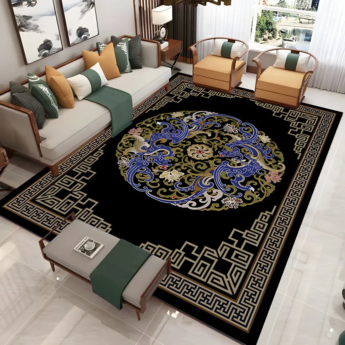 Oriental Floral Pattern Polyester Blue Area Rug Image - 24