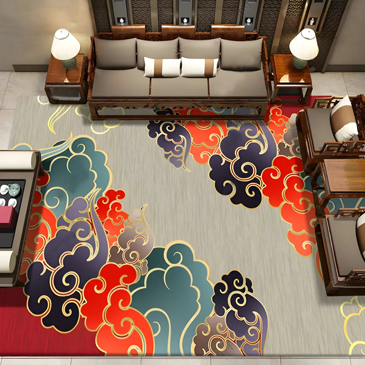 Oriental Floral Pattern Polyester Blue Area Rug Image - 25