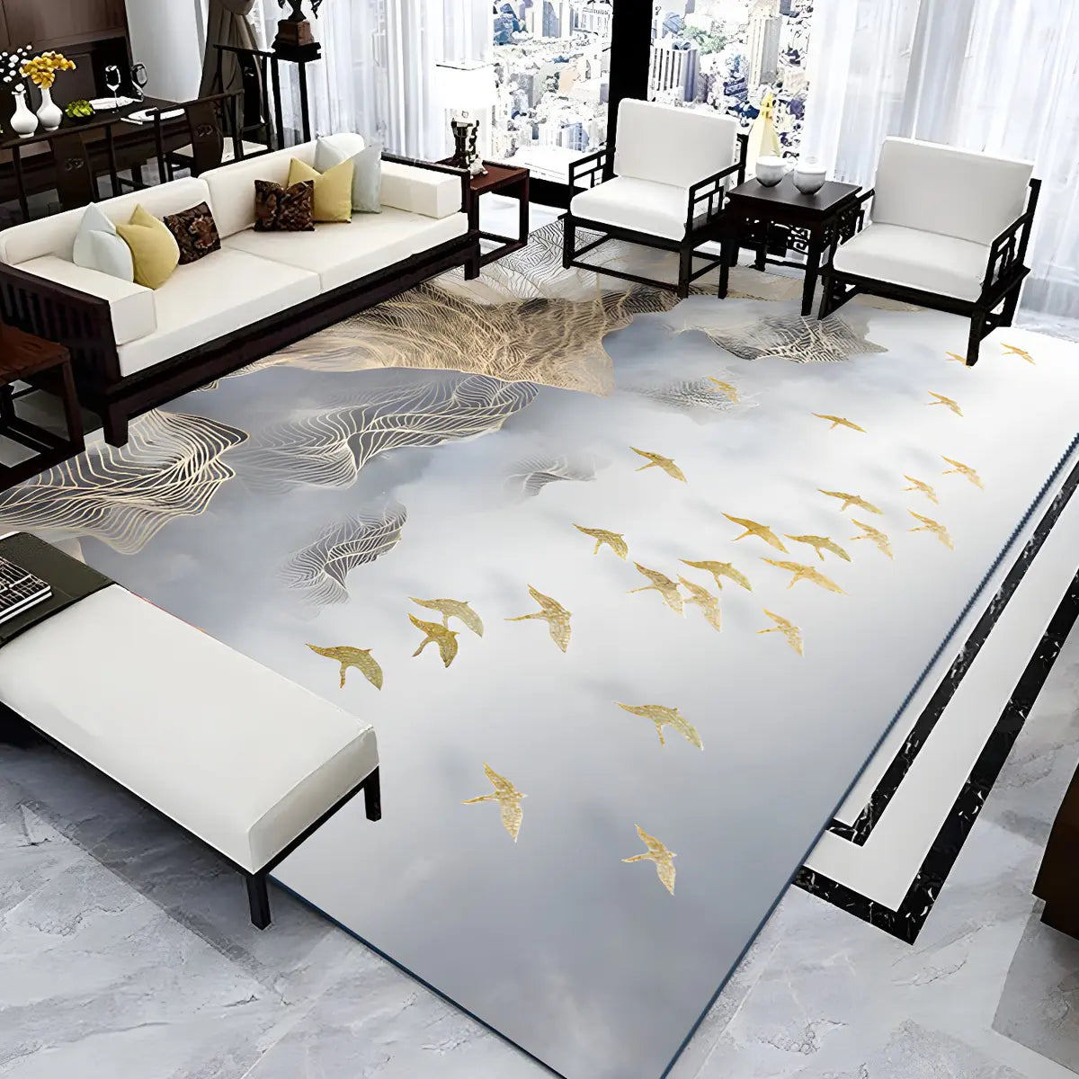 Oriental Floral Pattern Polyester Blue Area Rug Image - 3