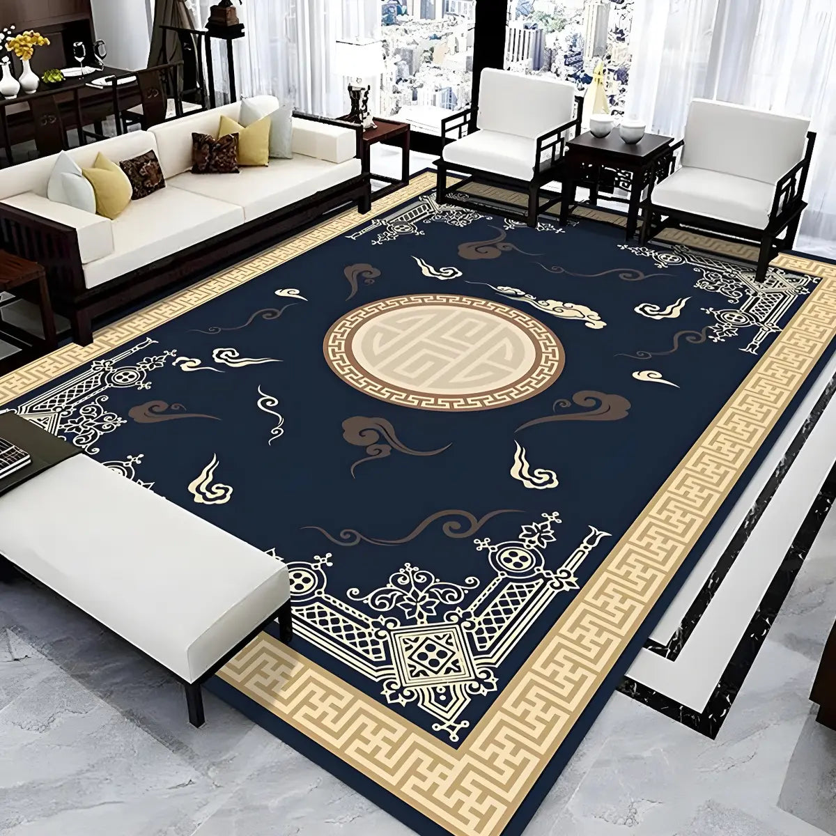 Oriental Floral Pattern Polyester Blue Area Rug Image - 5