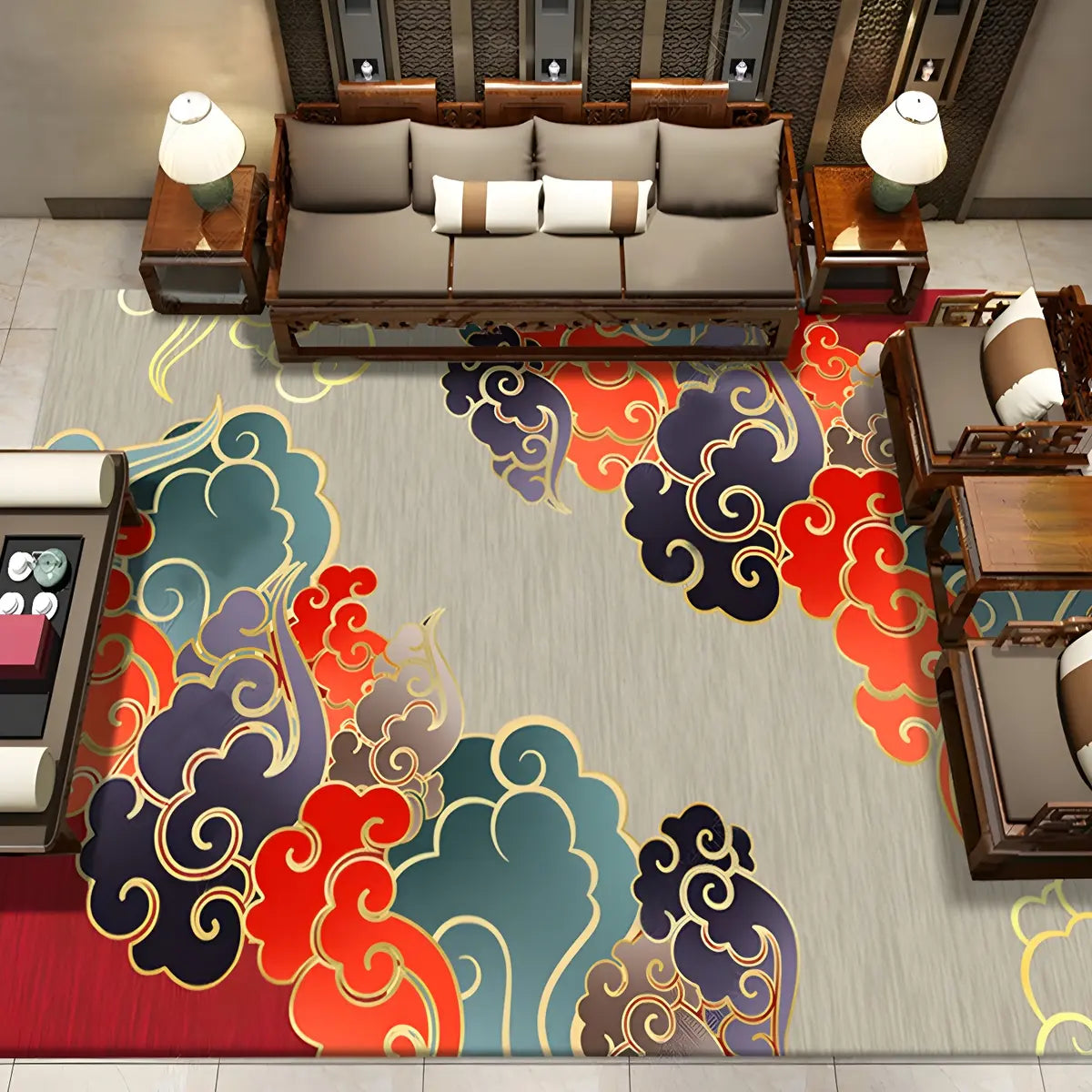 Oriental Floral Pattern Polyester Blue Area Rug Image - 6