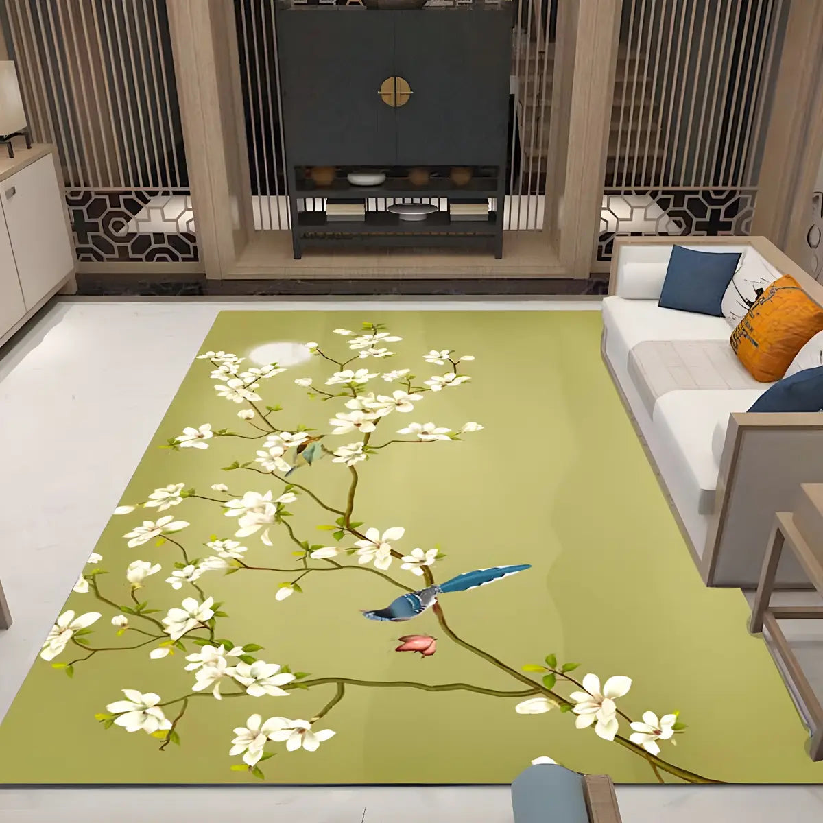 Oriental Floral Pattern Polyester Blue Area Rug Image - 7