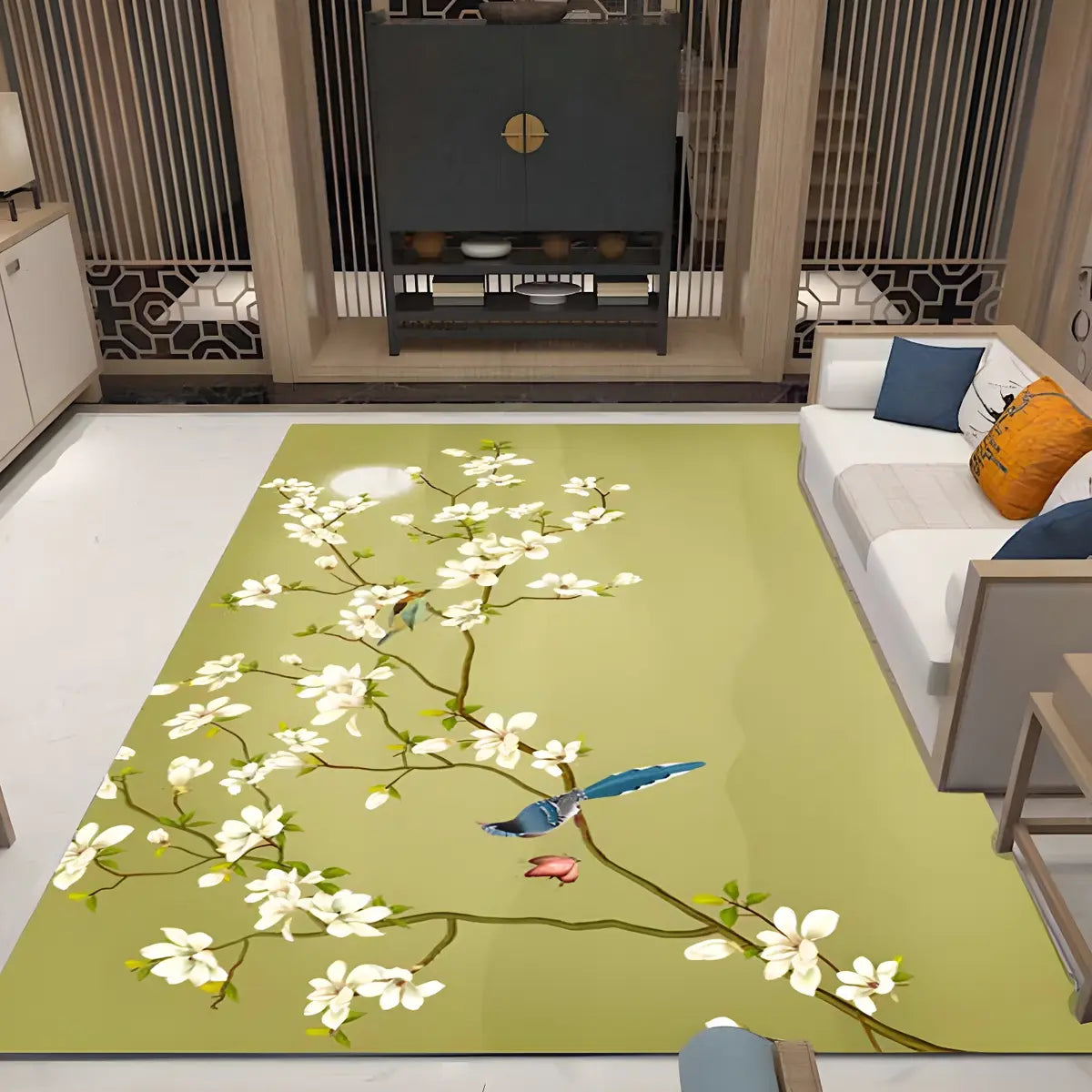 Oriental Floral Pattern Polyester Blue Area Rug Image - 8