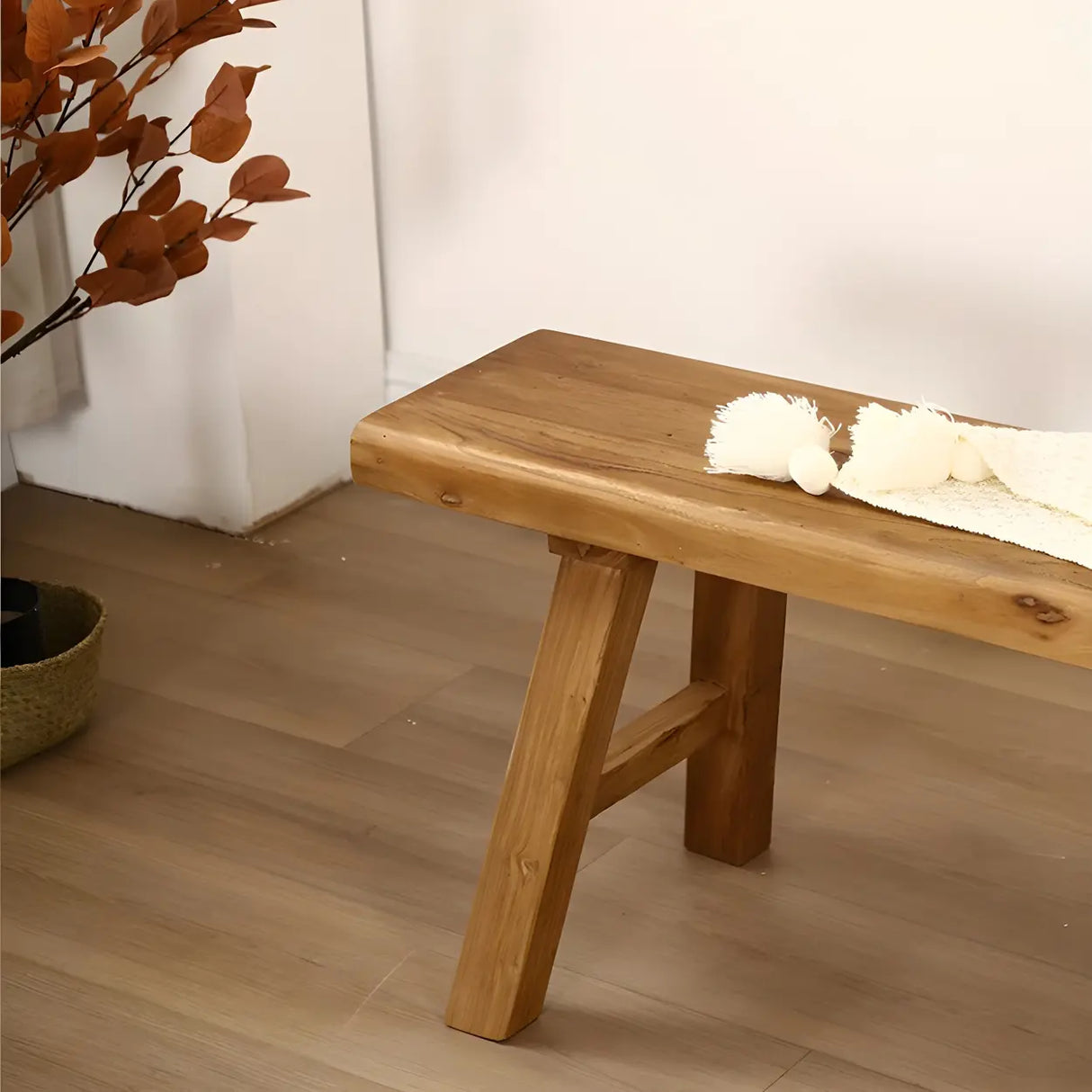 Oriental Natural Finish Wood Entryway Bench with Legs Image - 4