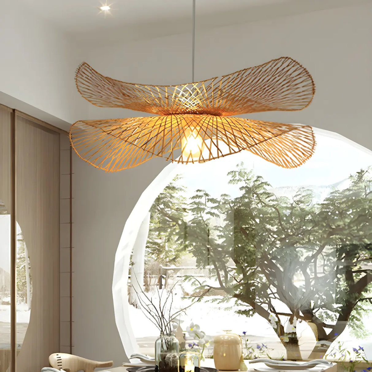 Oriental Rattan Unique-Shaped Ruffle Pendant Light Image - 2