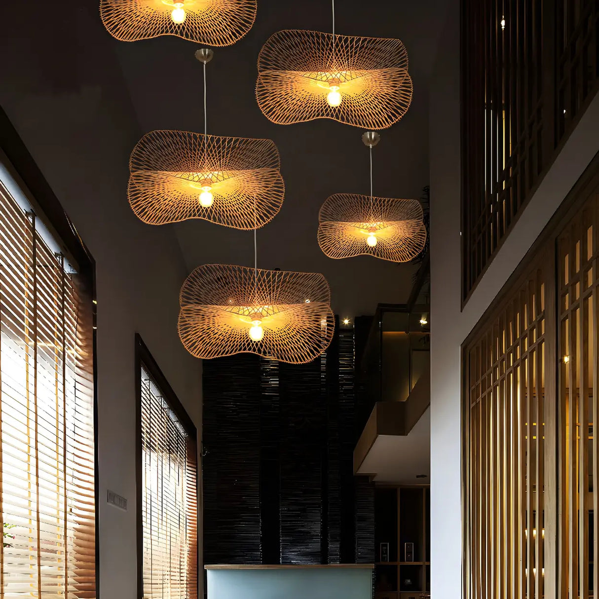 Oriental Rattan Unique-Shaped Ruffle Pendant Light Image - 3