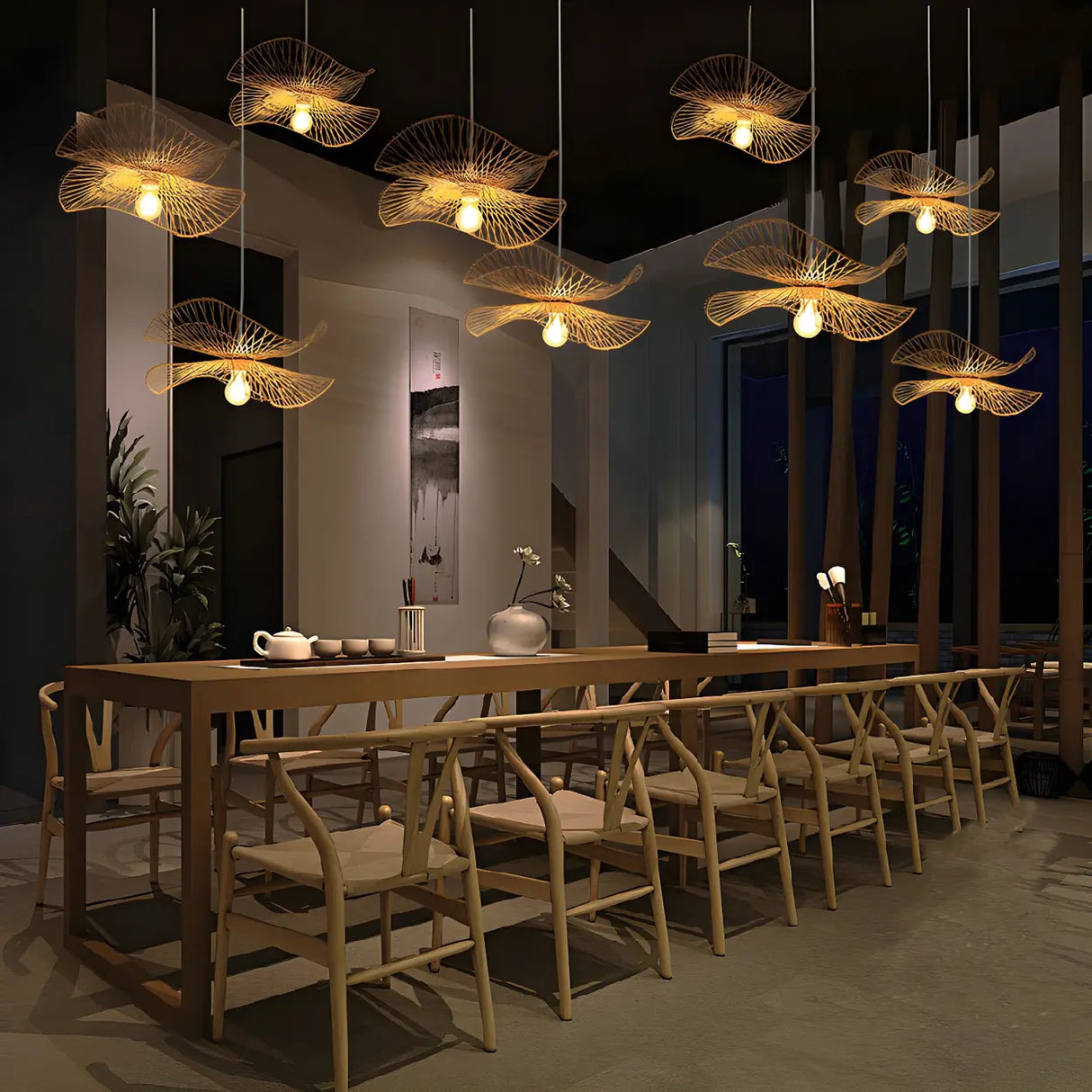 Oriental Rattan Unique-Shaped Ruffle Pendant Light Image - 4