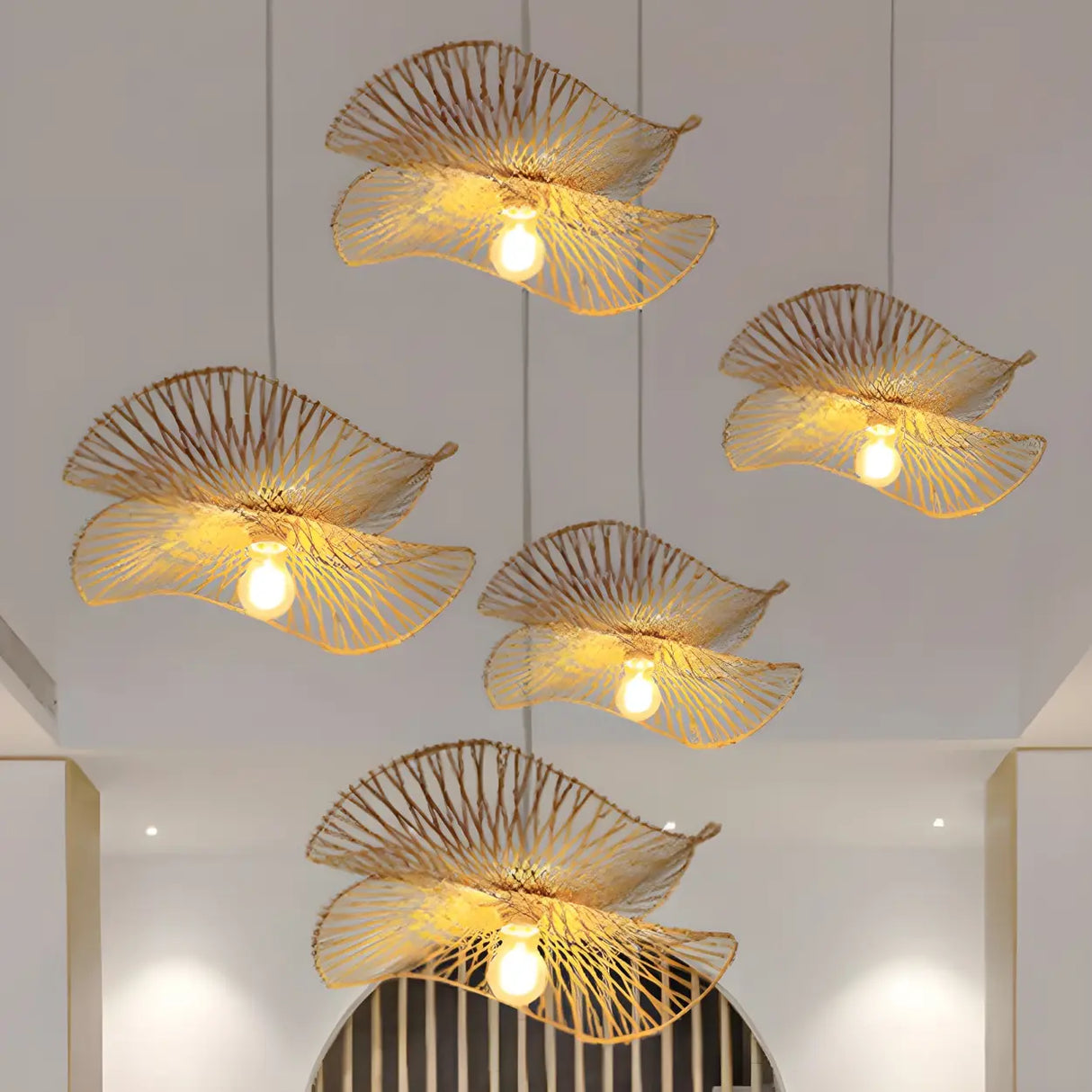 Oriental Rattan Unique-Shaped Ruffle Pendant Light Image - 5