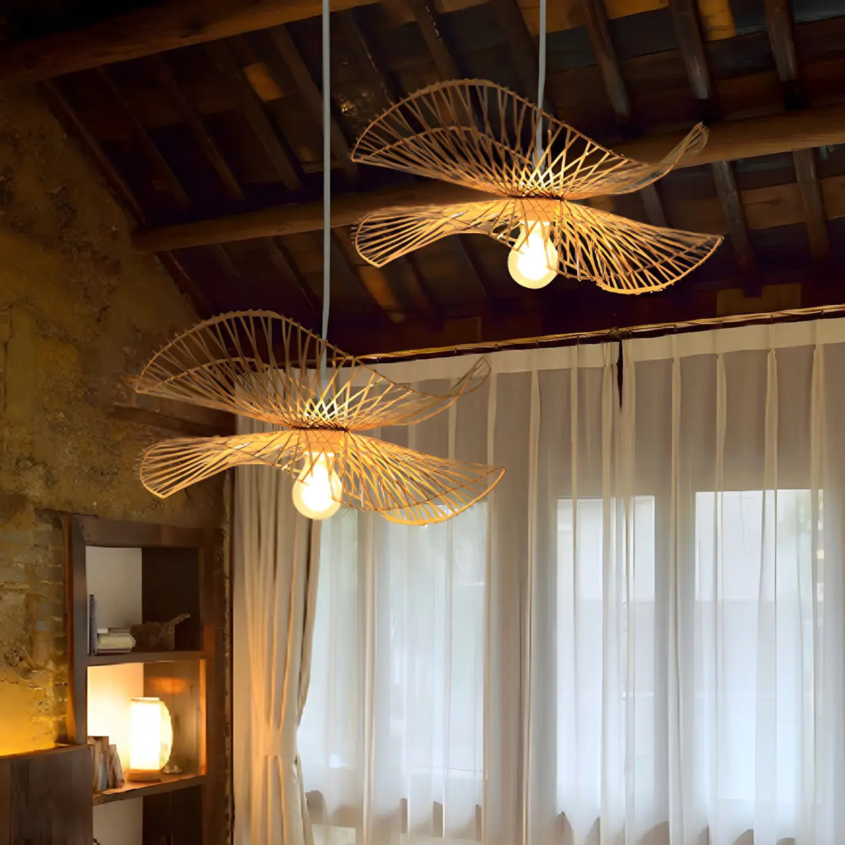 Oriental Rattan Unique-Shaped Ruffle Pendant Light Image - 7