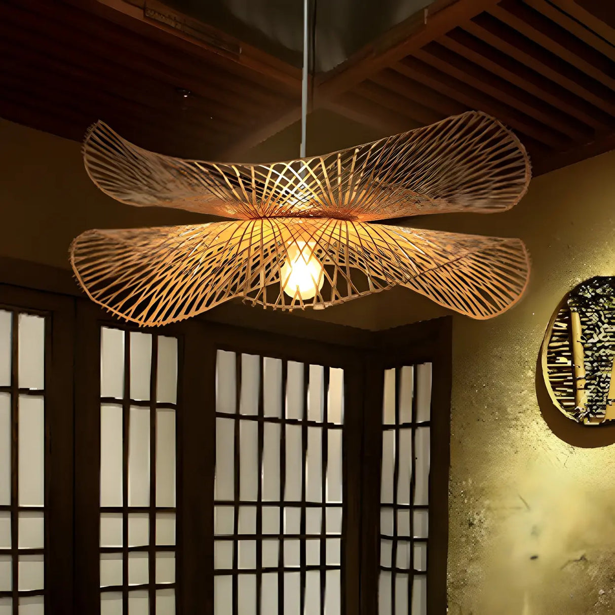 Oriental Rattan Unique-Shaped Ruffle Pendant Light Image - 8