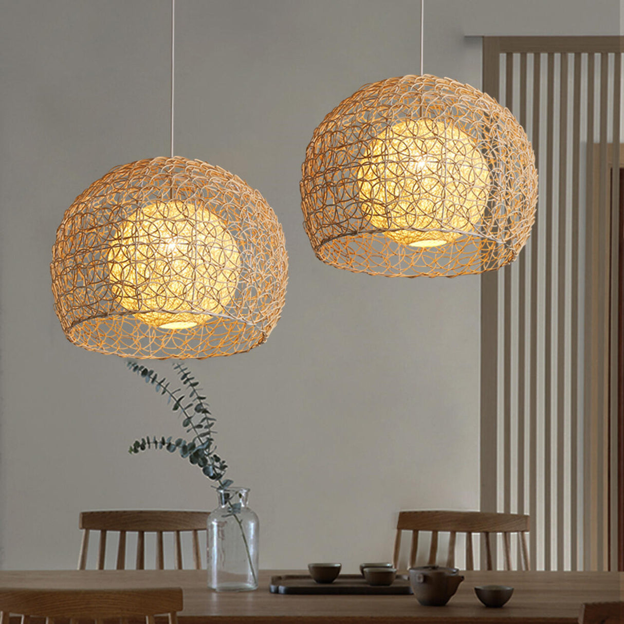 Oriental Rattan Wood Round Drum LED Pendant Light Image - 1