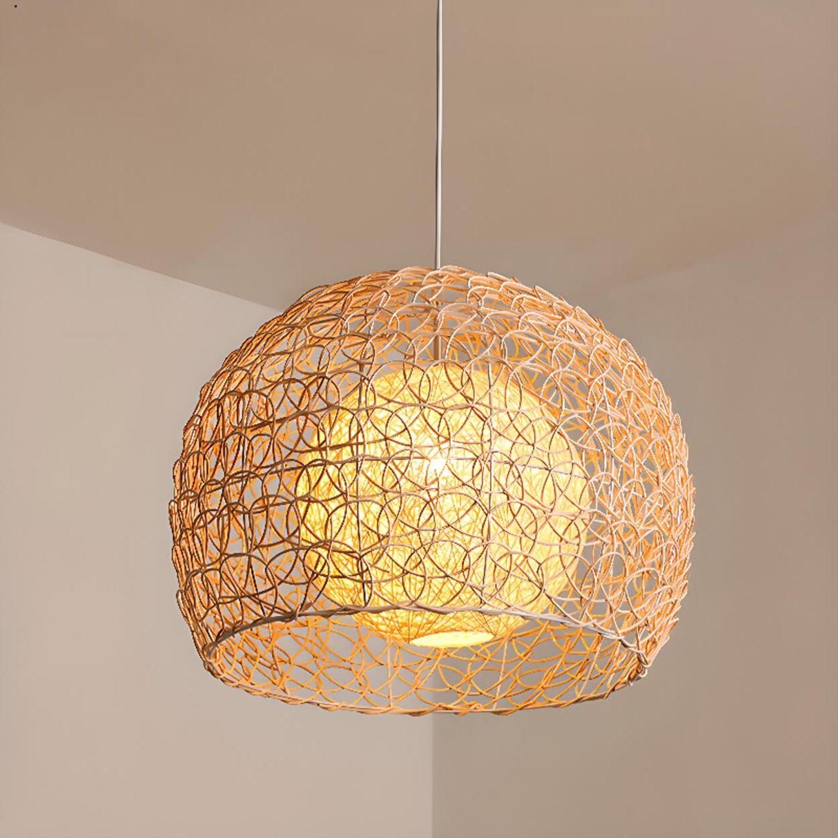 Oriental Rattan Wood Round Drum LED Pendant Light Image - 10