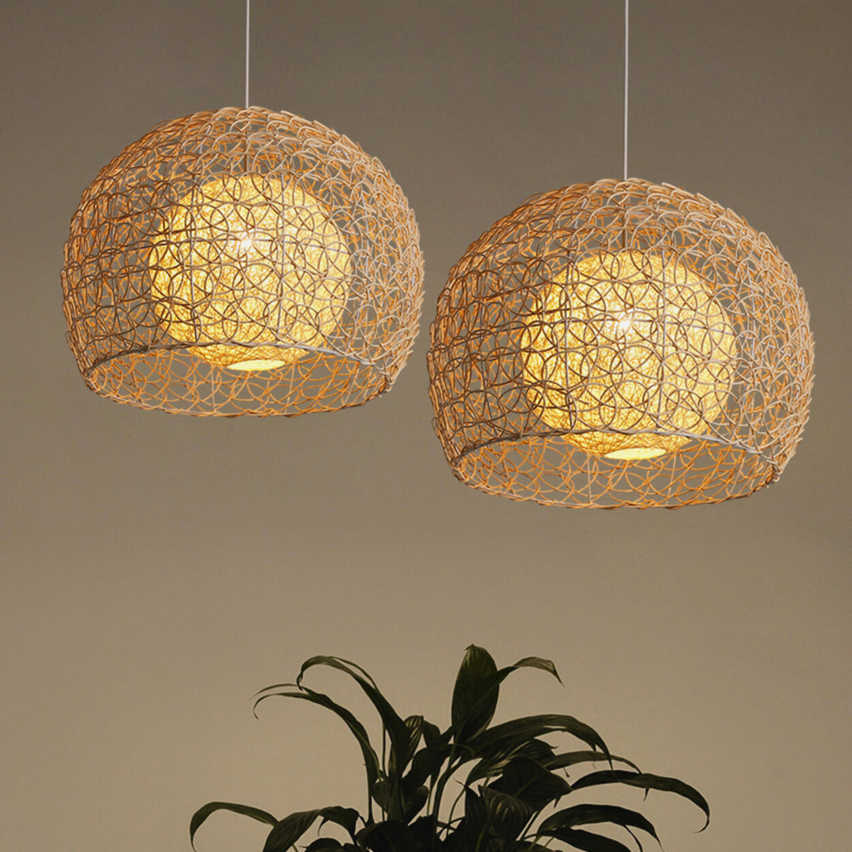 Oriental Rattan Wood Round Drum LED Pendant Light Image - 4