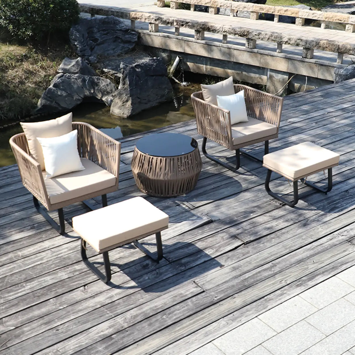 Outdoor Beige Wicker Upholstered Sofa Set with Cushions Image - 10