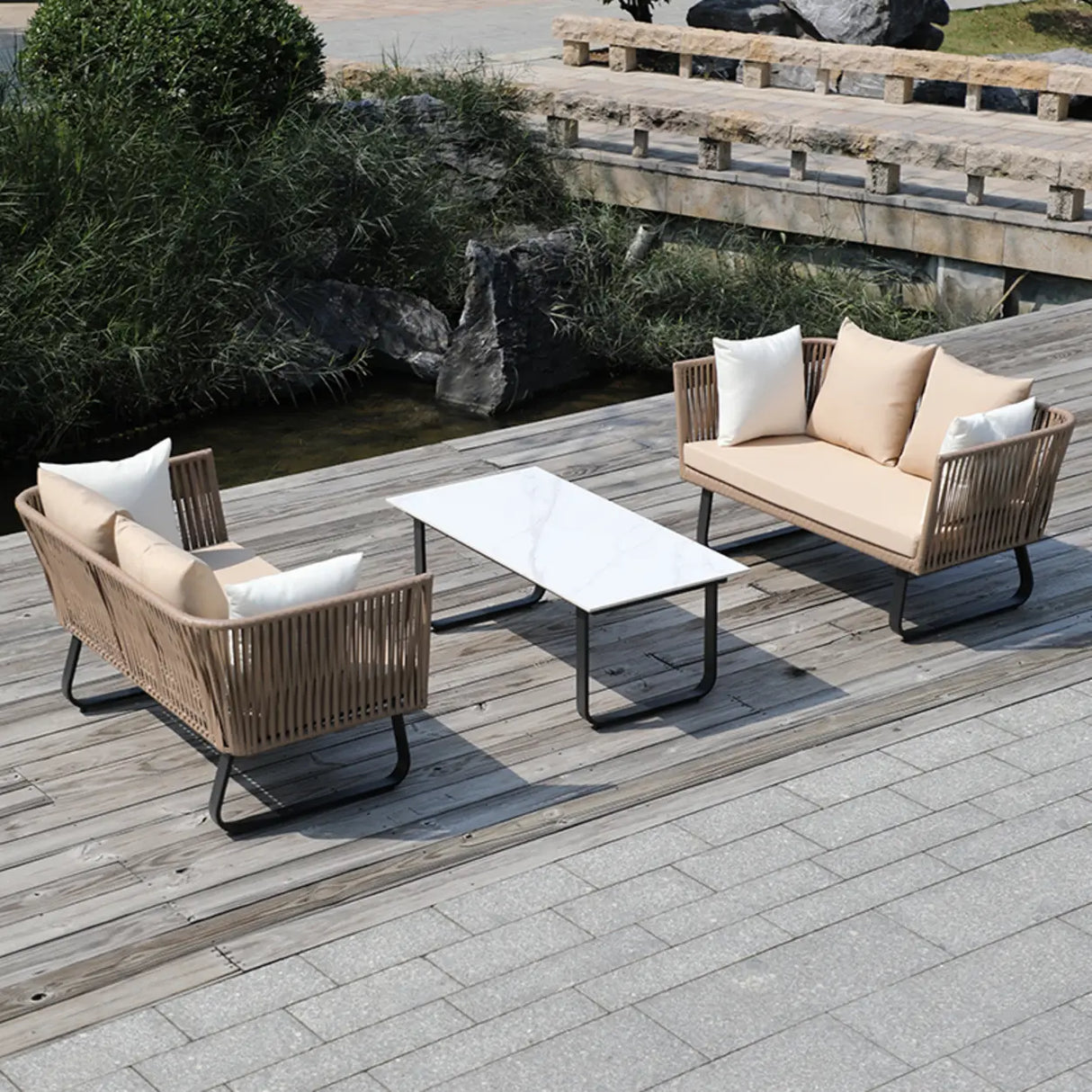 Outdoor Beige Wicker Upholstered Sofa Set with Cushions Image - 11