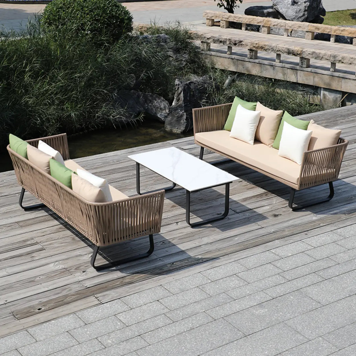 Outdoor Beige Wicker Upholstered Sofa Set with Cushions Image - 12