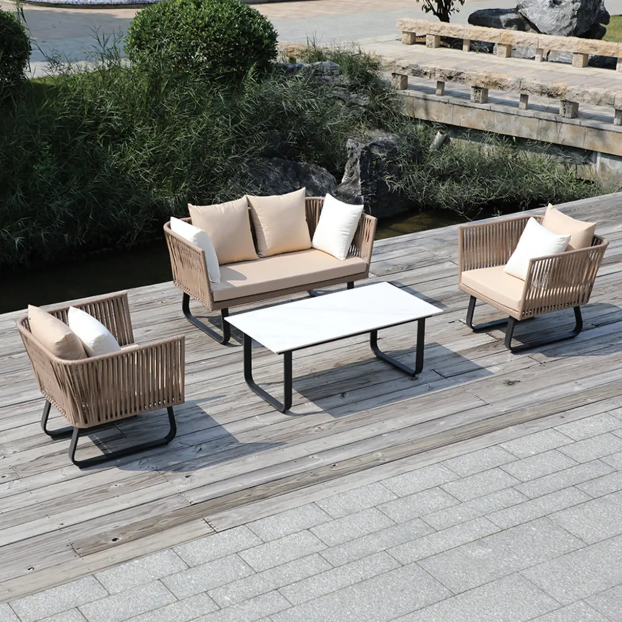 Outdoor Beige Wicker Upholstered Sofa Set with Cushions Image - 13